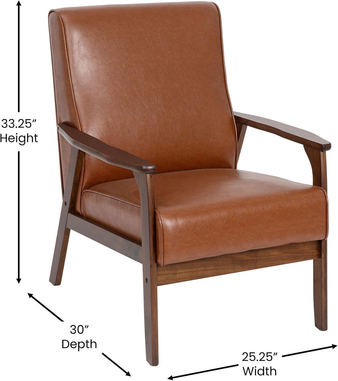 Cognac LeatherSoft Mid-Century Modern Accent Chair with Walnut Wooden Frame