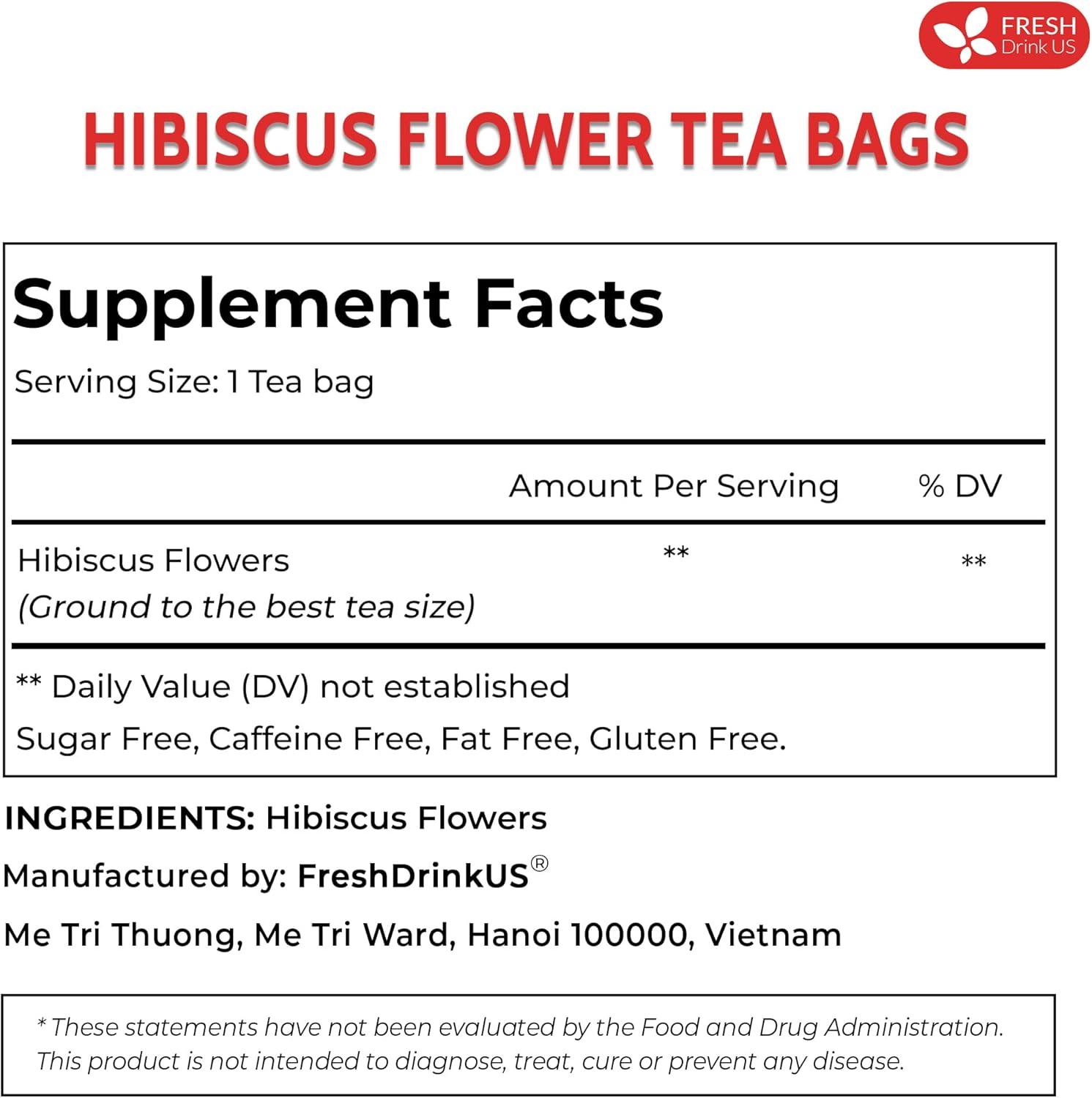 FreshDrinkUS, Premium 140 Hibiscus Flowers Tea Bags, 100% Natural, Handmade, Pure from Hibiscus Flowers. Loose Flower Hibiscus Herbal Tea. Hibiscus Flower Tea. No Sugar/Caffeine/Gluten, Vegan.
