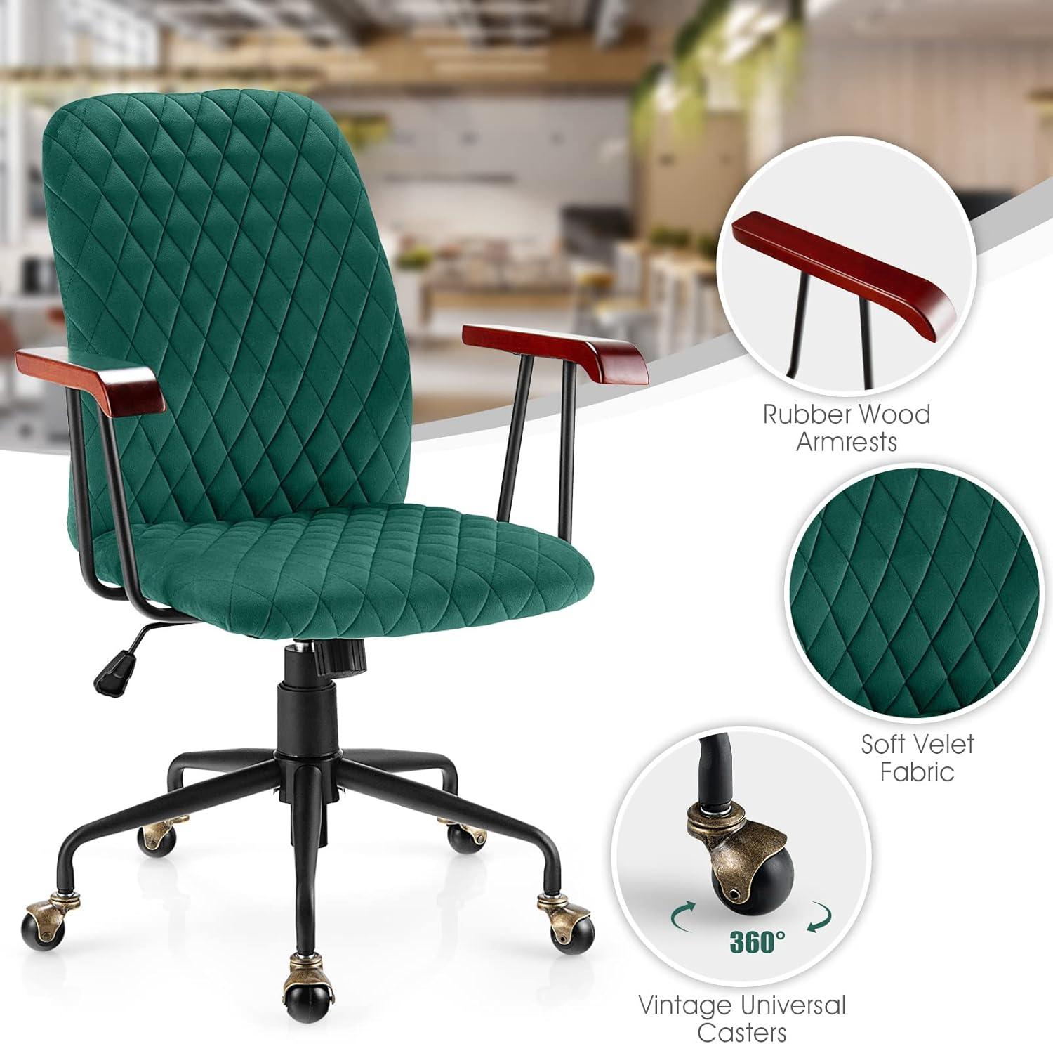 Costway Velvet Home Office Chair Swivel Adjustable Task Chair w/ Wooden Armrest