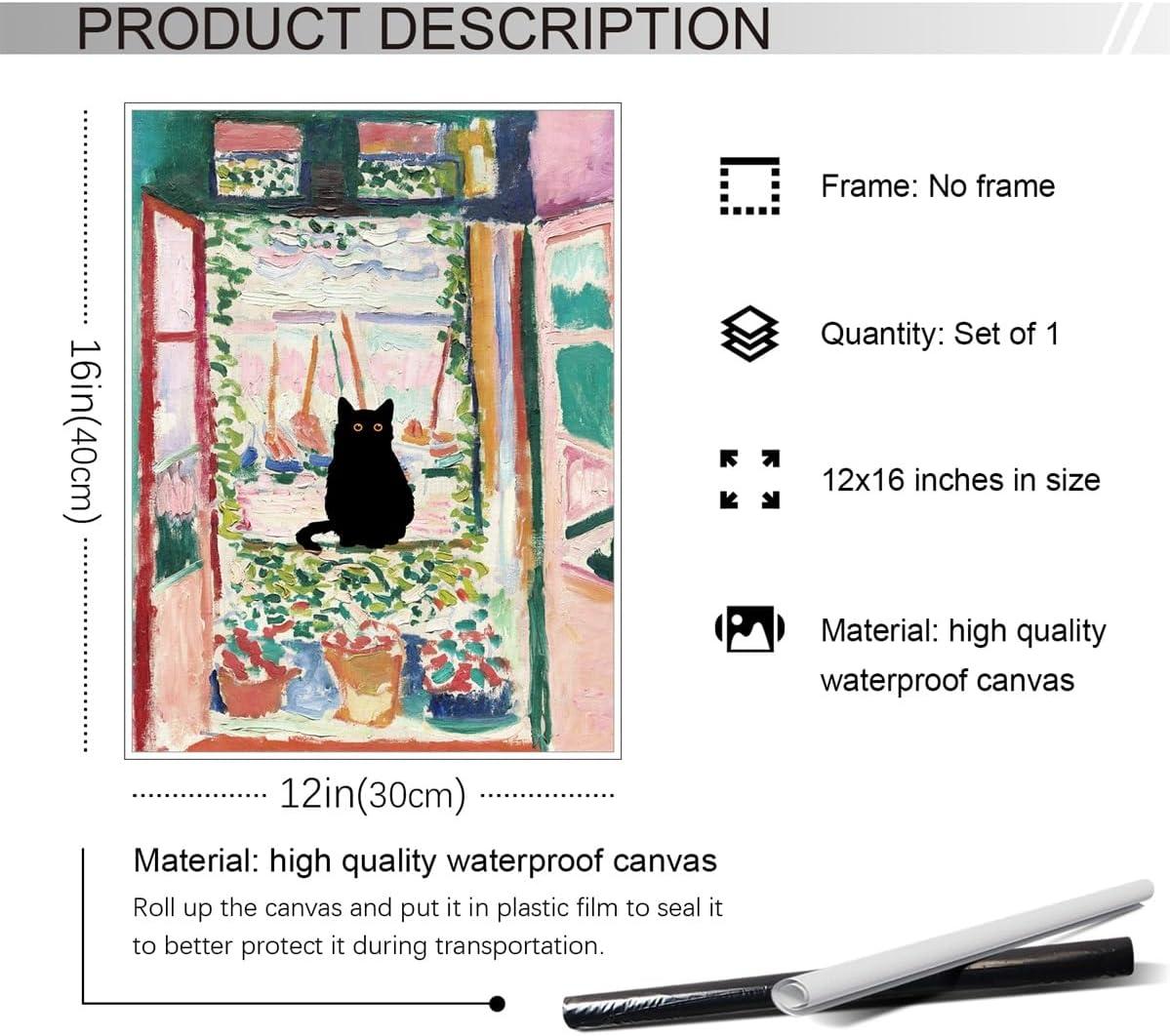 Henri Matisse Oil Paintings on Canvas Wall Art Matisse Famous Open Window Black Cat Poster Funny Cat Floral Print Colorful Farmhouse Gallery Aesthetic Room Decor for Bedroom Bathroom 12x16in Unframed