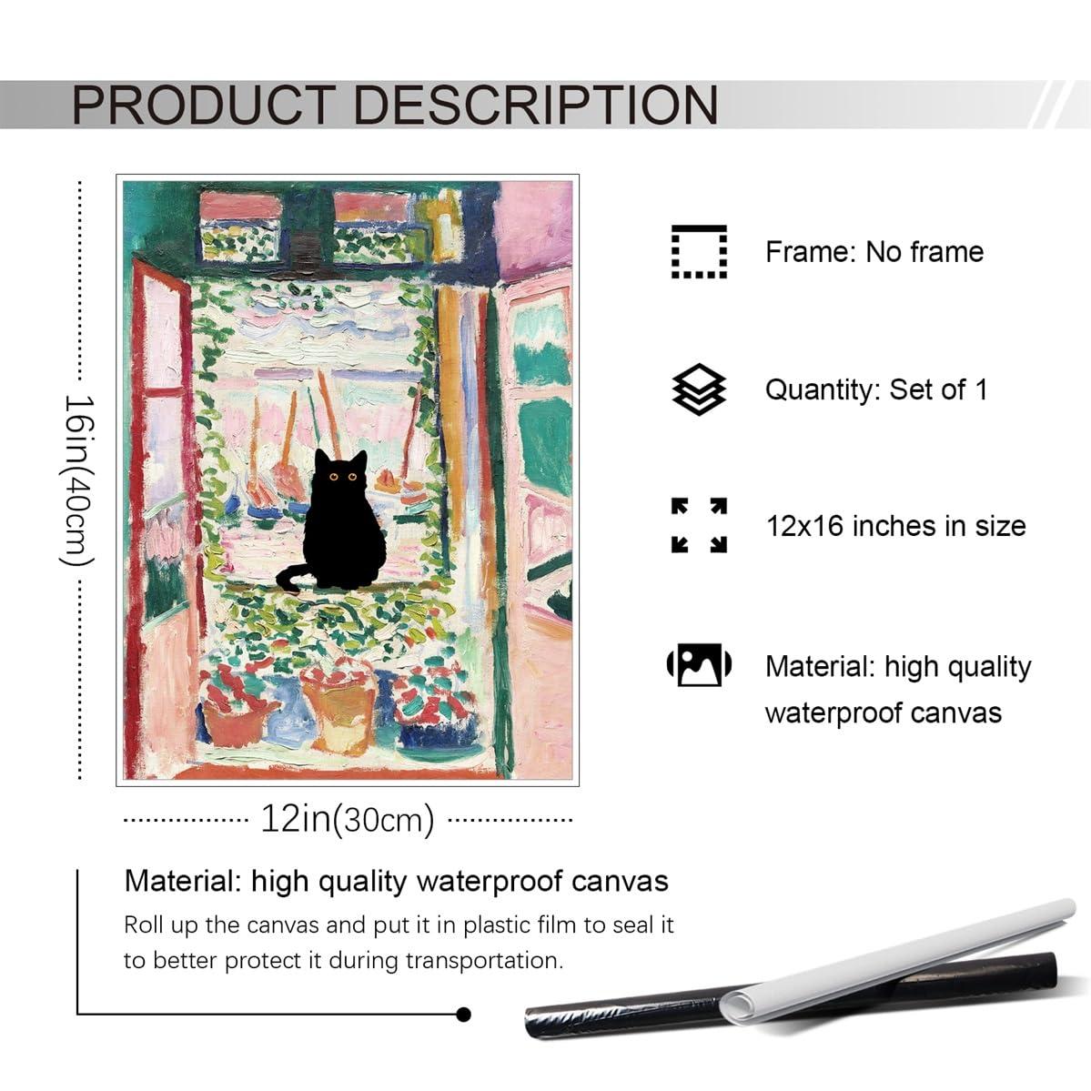 Henri Matisse Oil Paintings on Canvas Wall Art Matisse Famous Open Window Black Cat Poster Funny Cat Floral Print Colorful Farmhouse Gallery Aesthetic Room Decor for Bedroom Bathroom 12x16in Unframed