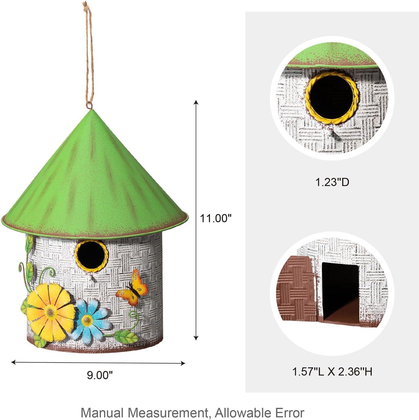 Distressed Metal Cottage Birdhouse with 3D Flowers and Butterfly