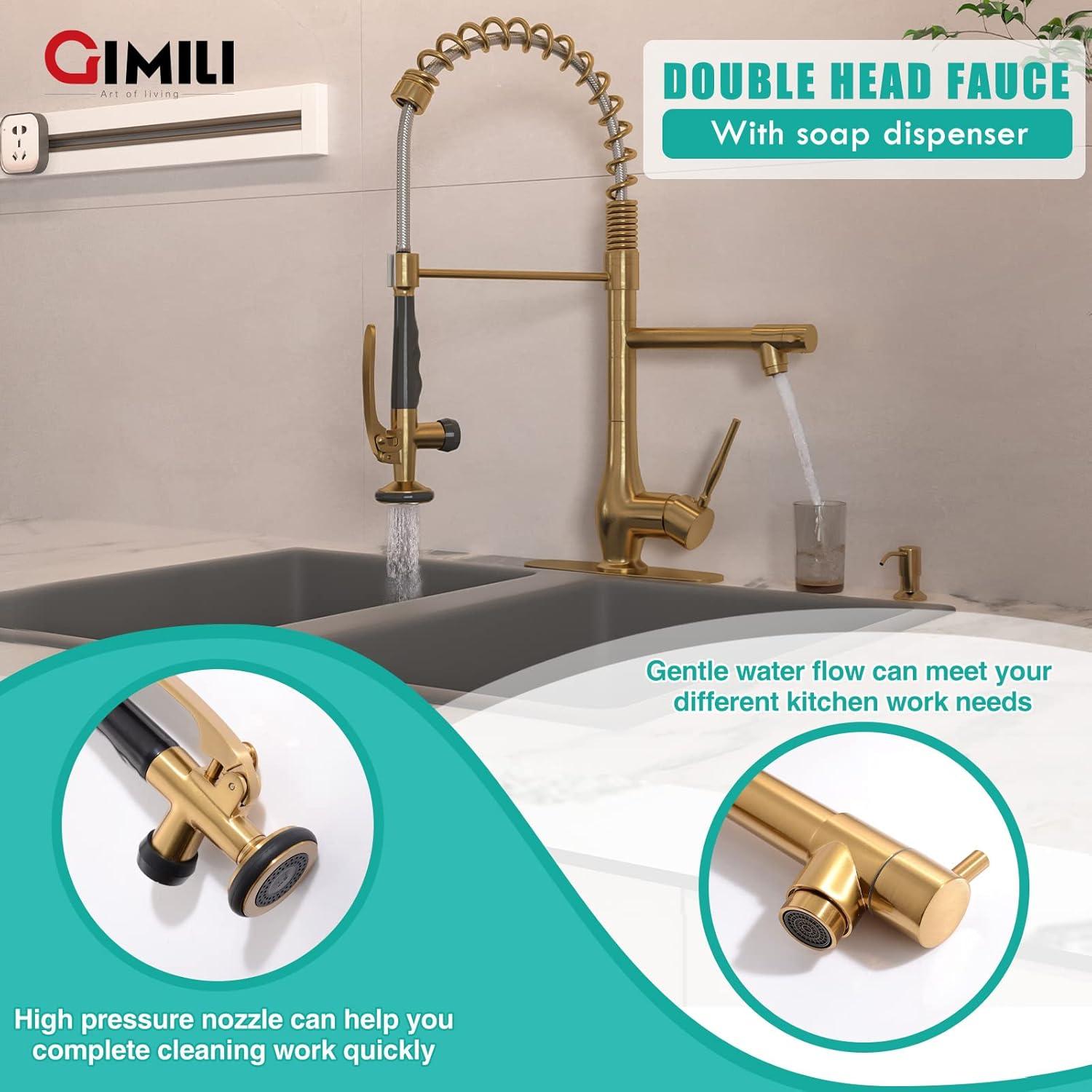 Brass Commercial Pull-Down Sprayer Kitchen Faucet 2 Handle With Locking Buckle And Soap Dispenser