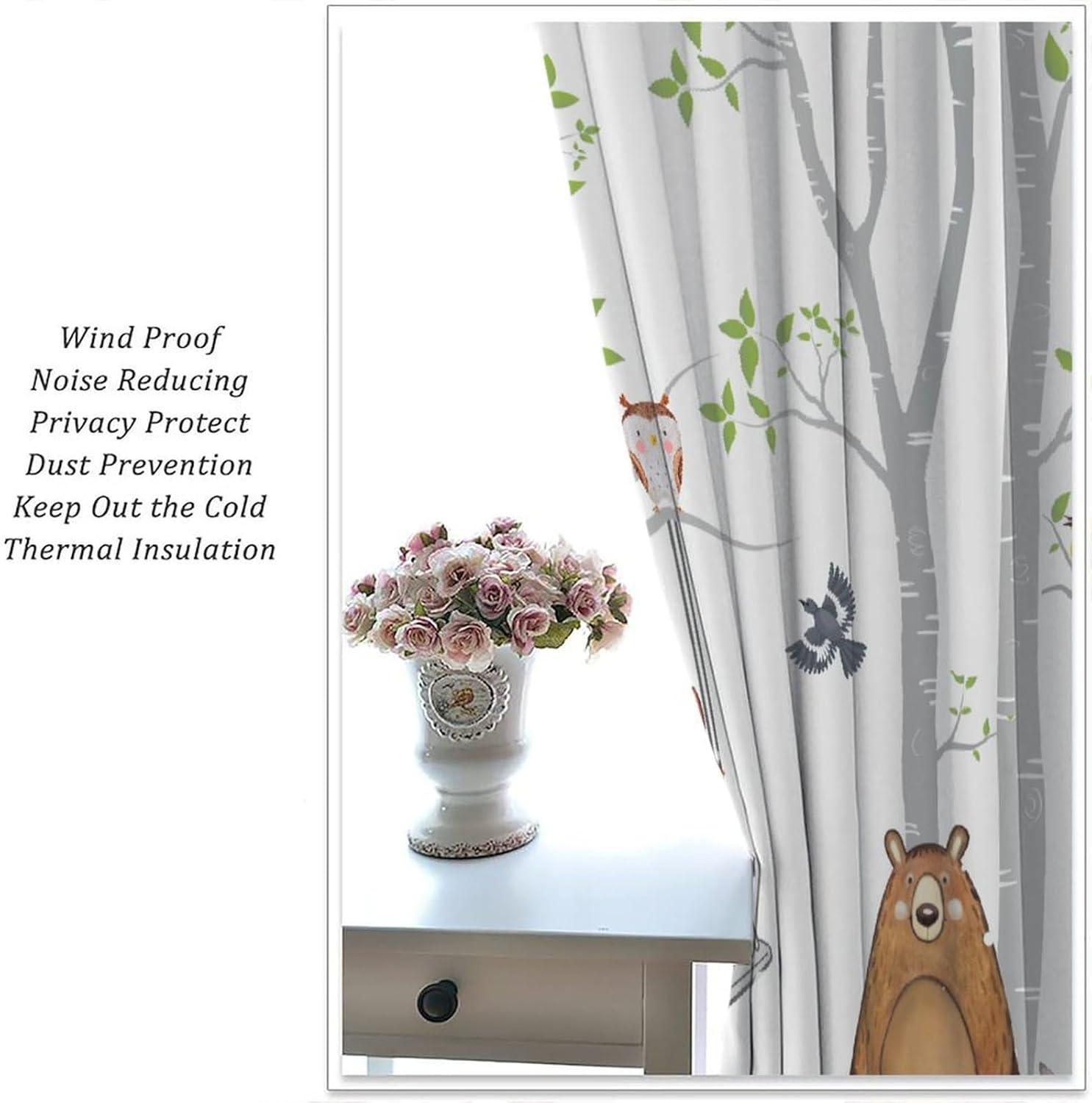 Woodland Kids Curtains, Rustic Vintage Forest Window Drapes Farnhouse Cabin Funny Animals Window Treatments for Boys Girls Bedroom Living Room, 42x45in （No Blackout）