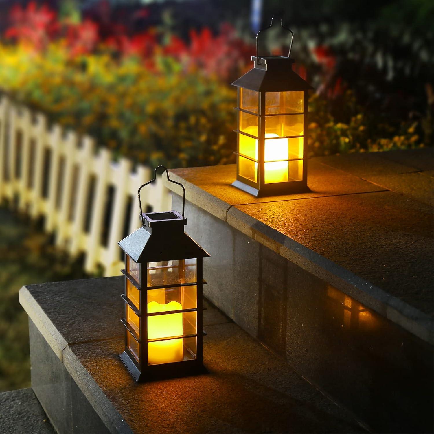 Black Antique LED Flameless Candle Solar Lanterns, Set of 2