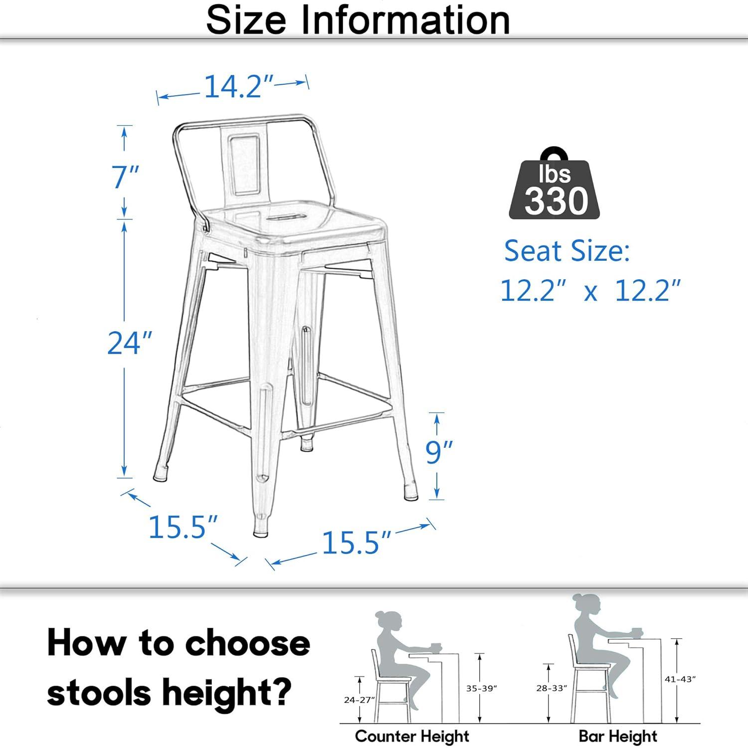 Andeworld 24" Bar Stools Set of 4,Counter Height Bar Stools with Larger Seat,Bar Stools with Back,Black Metal Bar Stools with Removable Back,Farmhouse Bar Stools,High Back Kitchen Bar Stools Chair