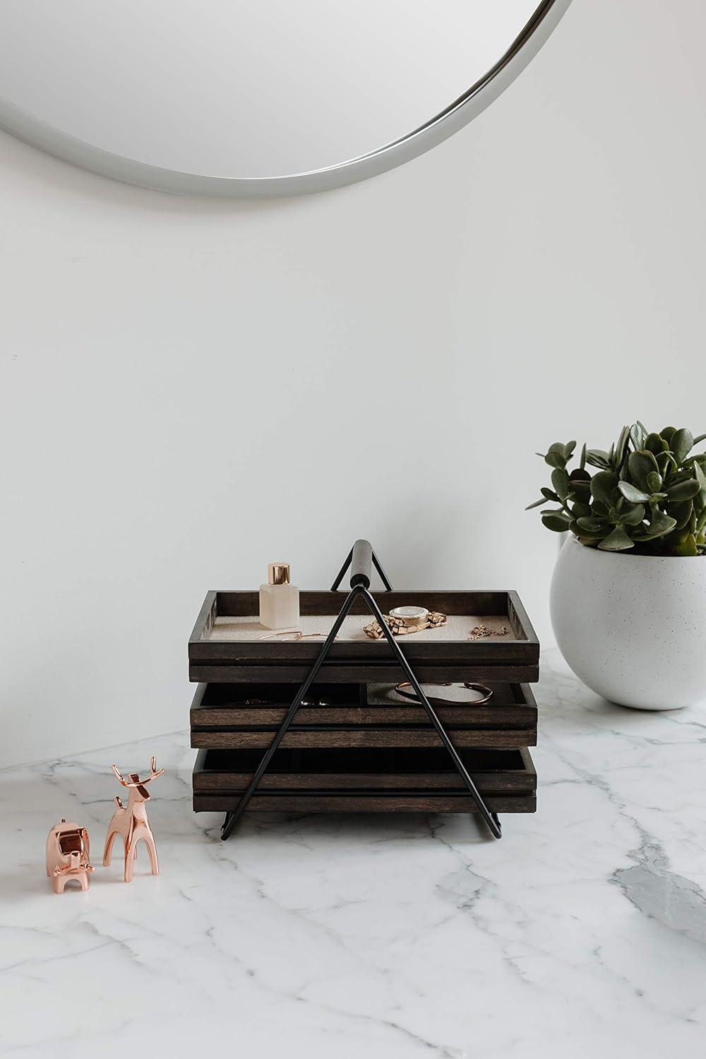 Walnut and Black 3-Tier Jewelry Organizer with Linen Lining