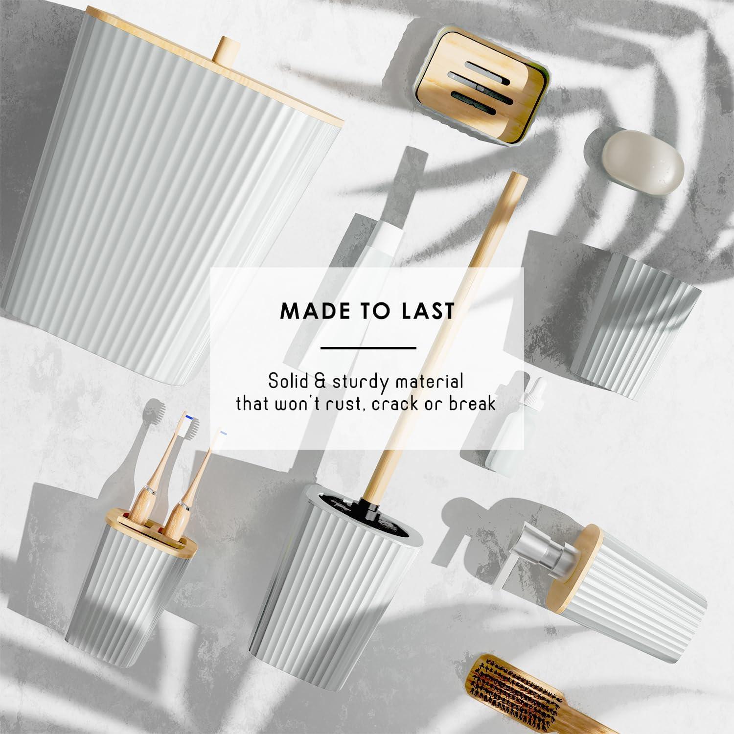 Clara Clark Bathroom Set - White Bathroom Accessories Set, 6PC Bathroom Accessory Set, Bathroom Sets with Adhesive Corner Shower Caddy Hanging, Toilet Brush, Trash Can & Soap Dispenser
