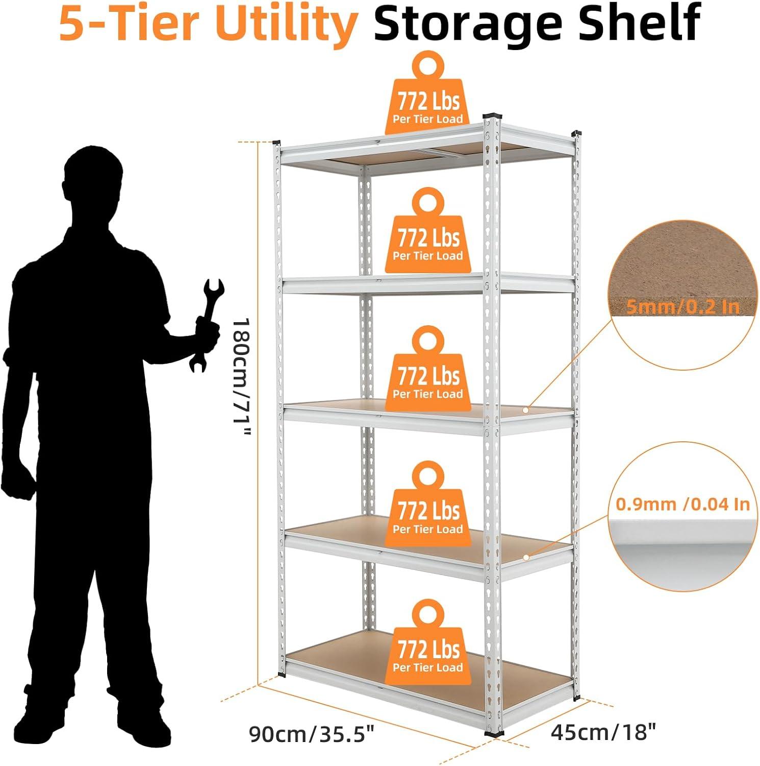 5 Tier Storage Shelves - Adjustable Metal Storage Utility Shelf, Heavy Duty Shelving Unit Rack Organizers for Kitchen Closet Pantry Warehouse Garage, 28" W x 12" D x 59" H, White