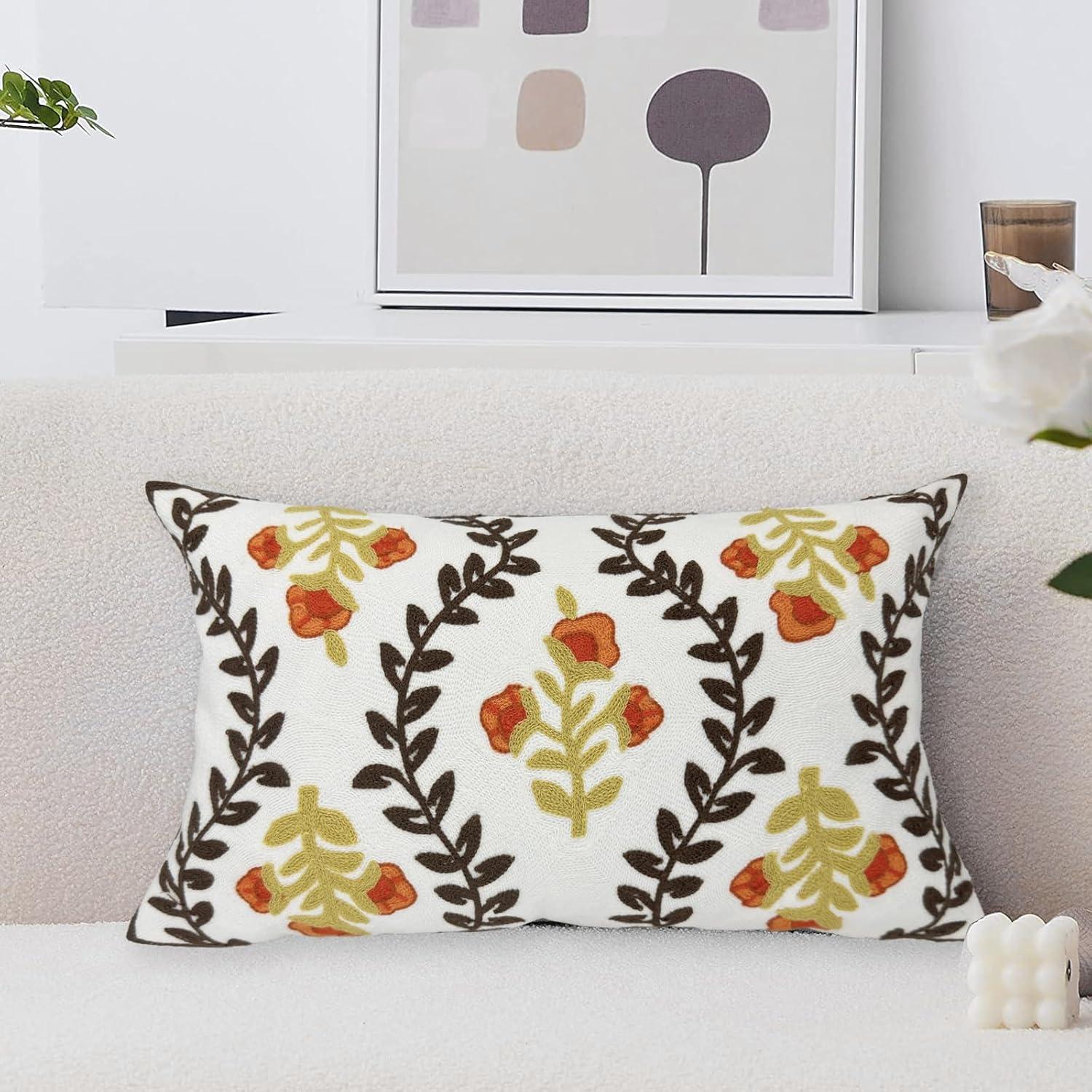 Farmhouse Floral Embroidered Cotton Lumbar Pillow Cover