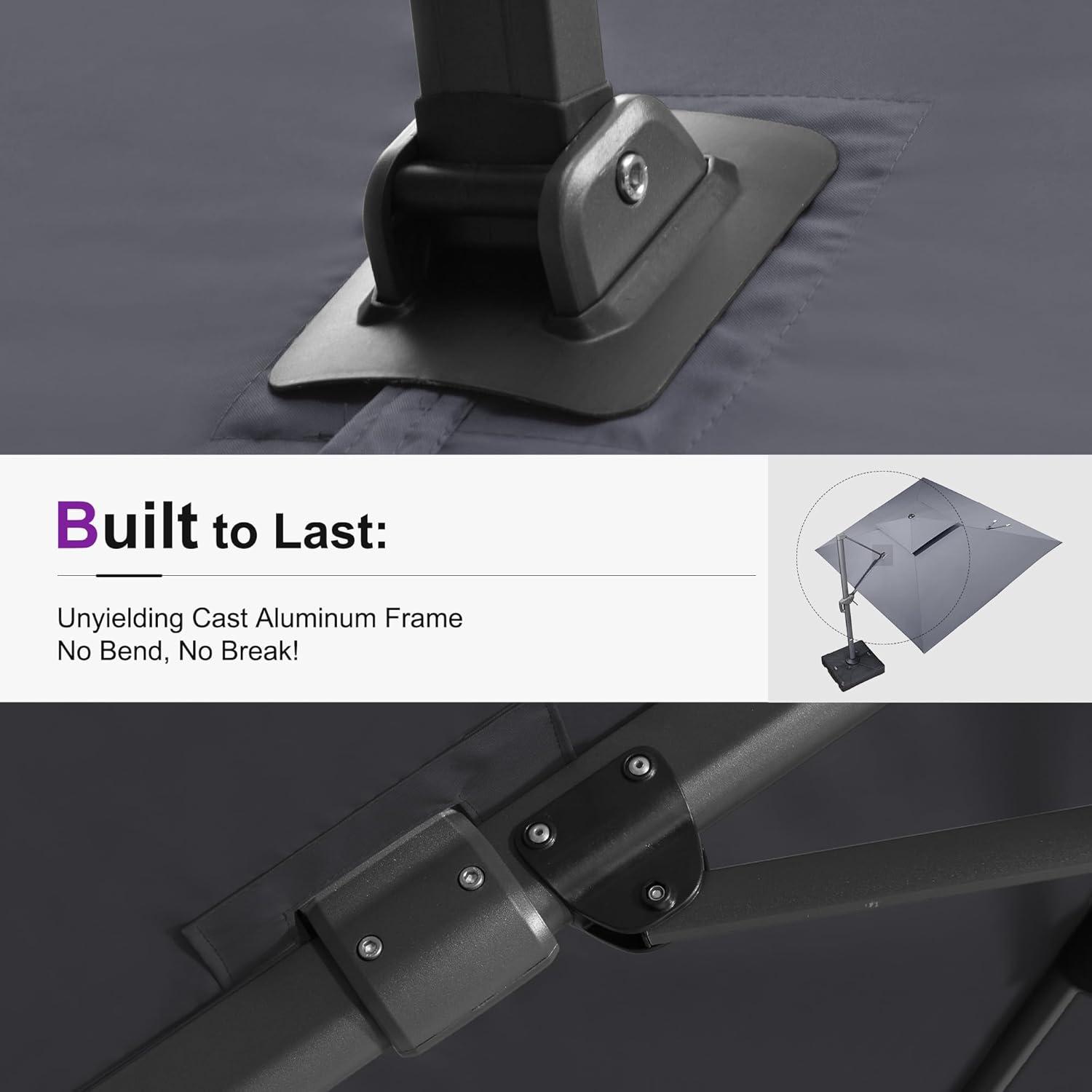 PURPLE LEAF Outdoor Cantilever Umbrellas 12FT Square Large Patio Umbrella Offset Umbrella with 360°Rotation Tilting And Hanging Double Top, Grey