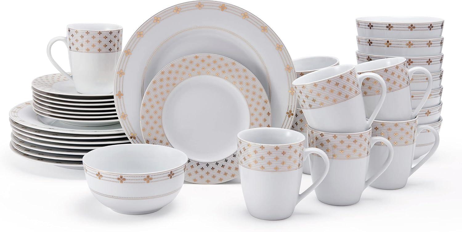 Modern Petals White and Gold Porcelain Dinnerware Set, Service for 8