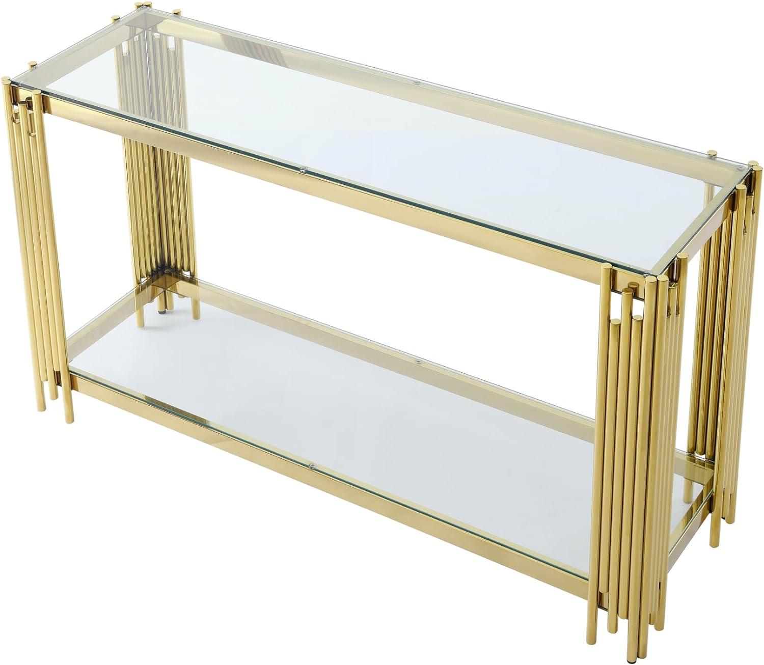 Modern Glass Console Table, 55" Gold Sofa Table with Sturdy Metal Frame and Clear Tempered Glass Top, for Living Room Entryway Bedroom, Gold Finish 00009