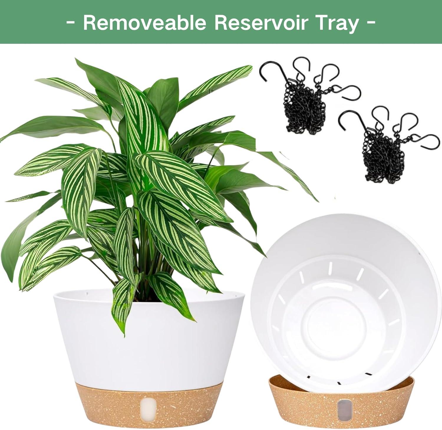 QCQHDU 2 Pack 10 inch White Plastic Hanging Planters with 3 Hooks, Hanging Plant Pot Basket with Drainage Hole for Garden Home