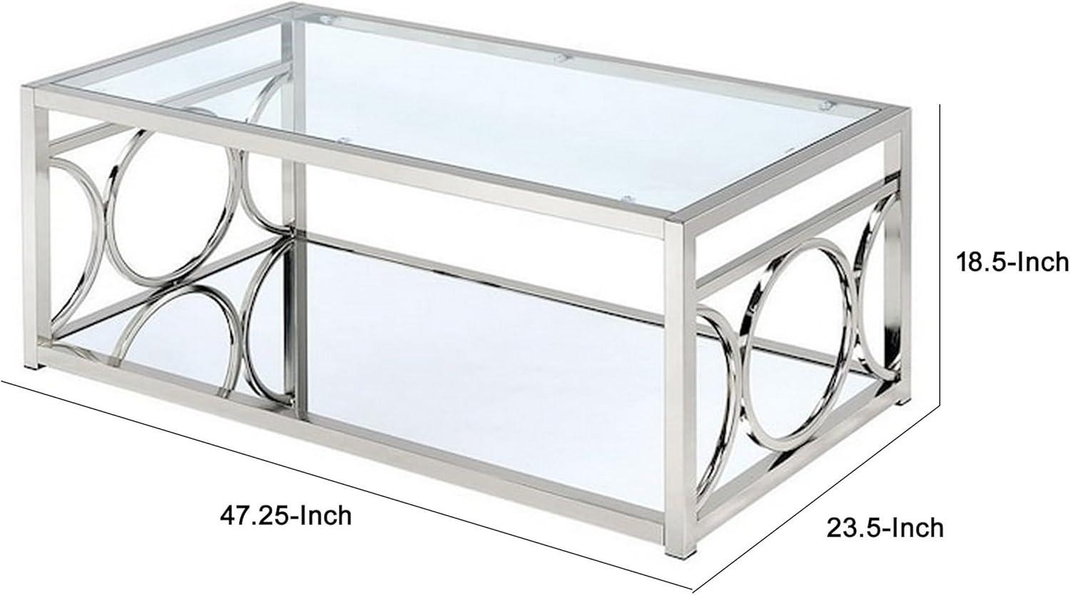 Rectangular Glass Top Coffee Table with Mirrored Shelf and Metal Frame