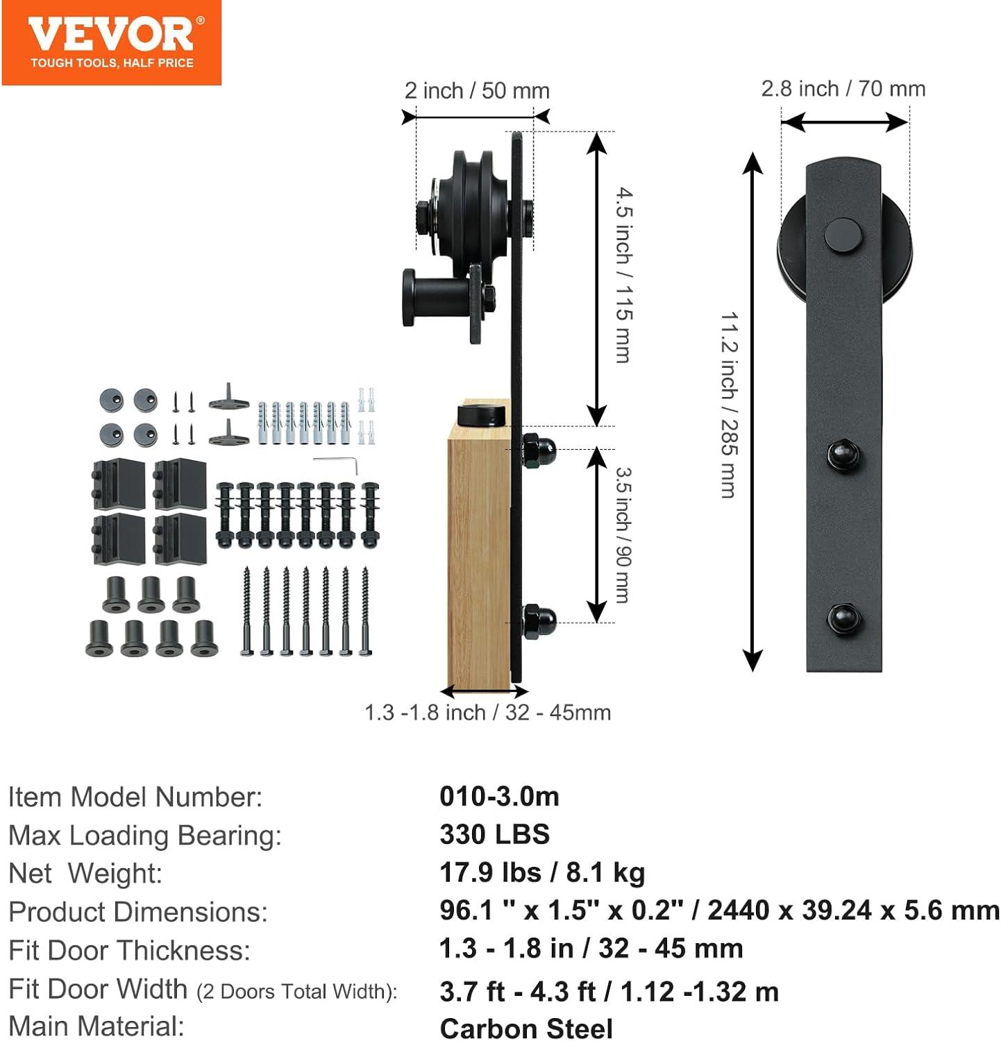 8FT Black Carbon Steel Sliding Barn Door Hardware Kit