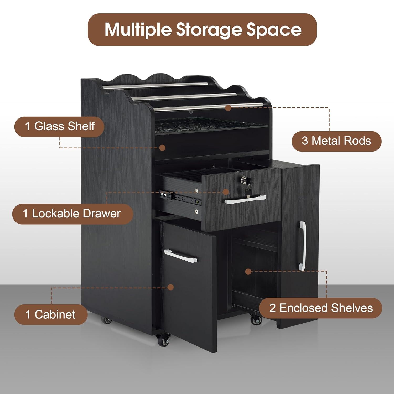 BarberPub Salon Trolley Makeup Organizer with Drawer and Cabinet