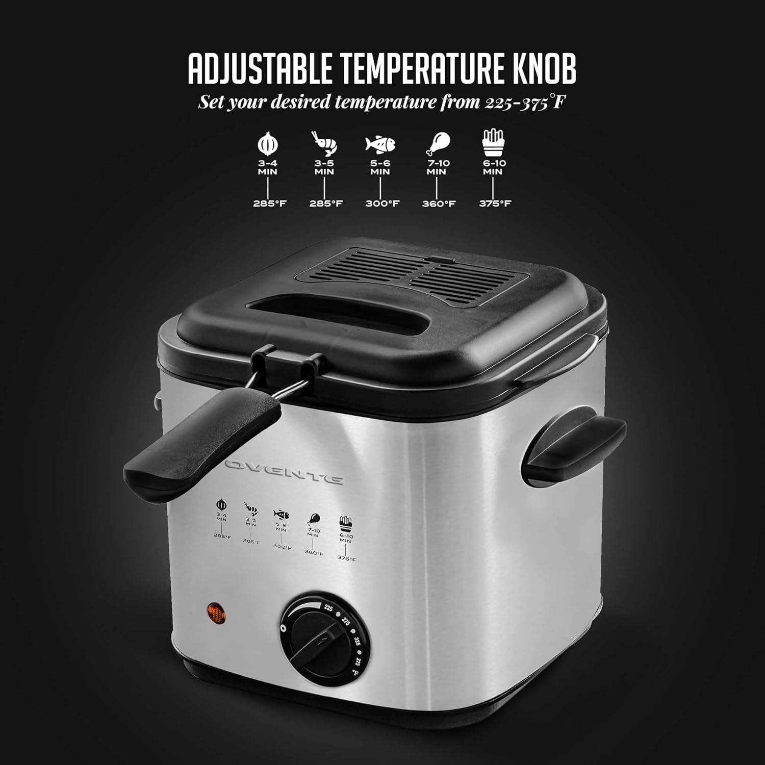 OVENTE Electric Deep Fryer 1.5 Liter Capacity, Lid with Viewing Window, Removable Frying Basket, Adjustable Temperature, Cool Touch Handles and Easy to Clean Stainless Steel Body, Silver FDM1501BR