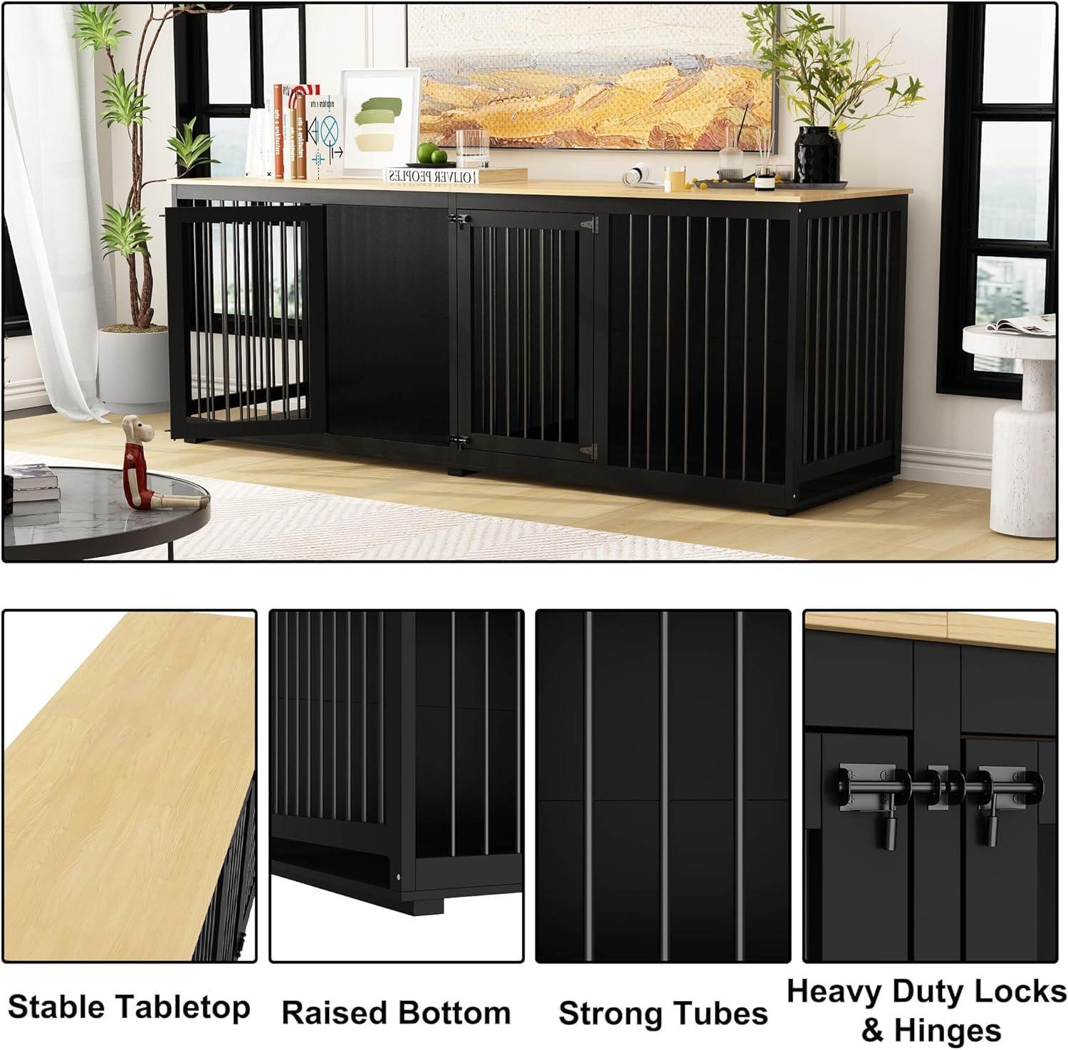 94.5" Extra Large Dog Crate Furniture, Heavy Duty Dog Kennel with a Removable Divider, Indoor Furniture Style Dog Crate House TV Stand with Double Rooms for Large Medium Breed Dogs, Black