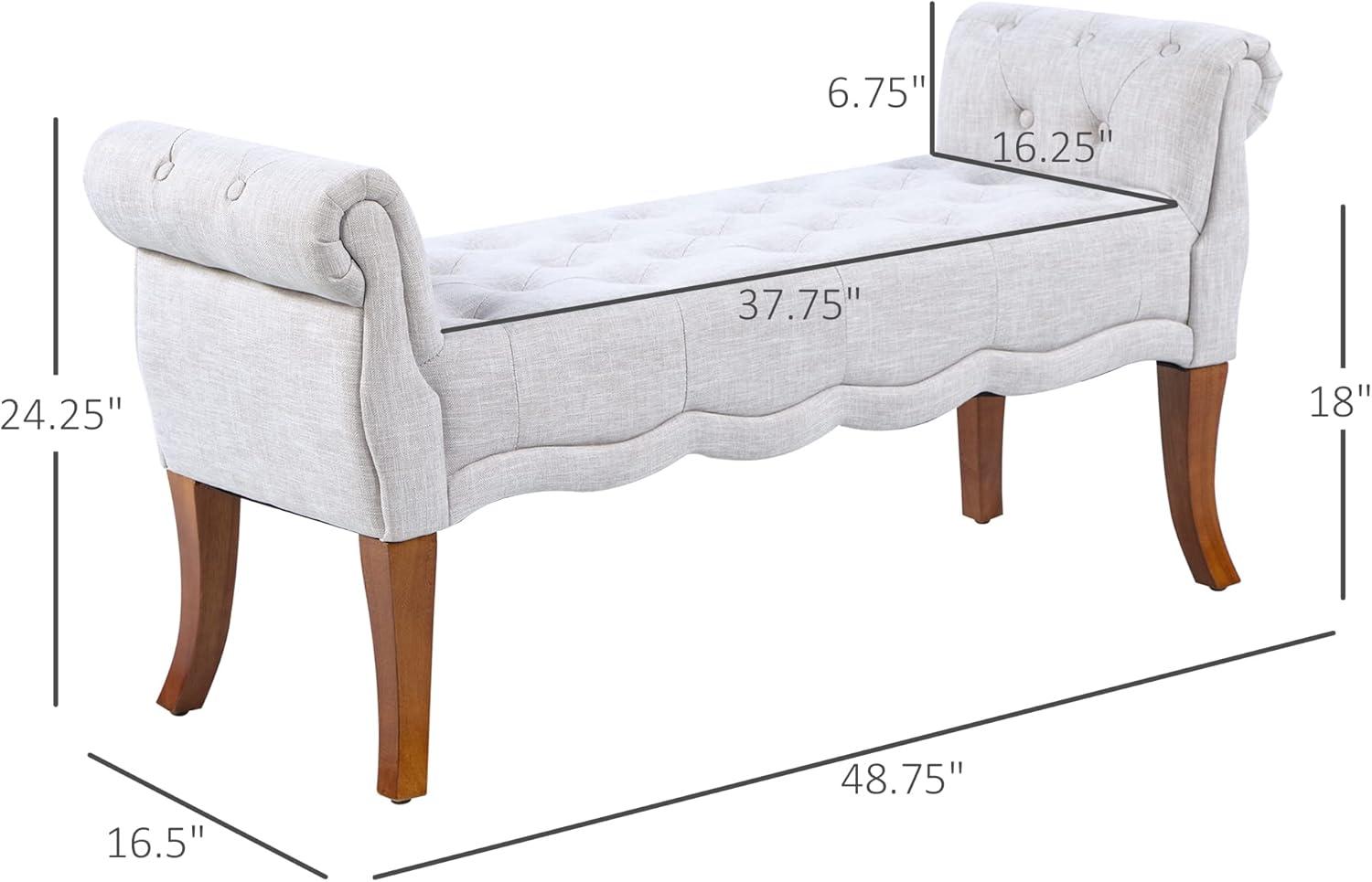 HOMCOM Traditional Style End of Bed Bench, Upholstered Entryway Bench with Button Tufted and Rounded Arm, Light Gray