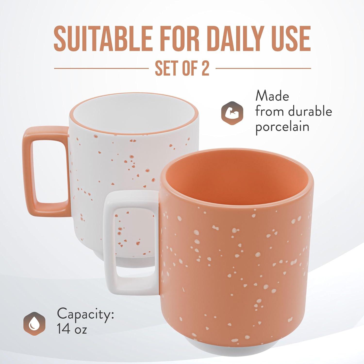 American Atelier Stackable Coffee Mugs 2 Piece Set, 14oz Ceramic Cups for Kitchen Countertop, Tabletop, Island, or Café Display