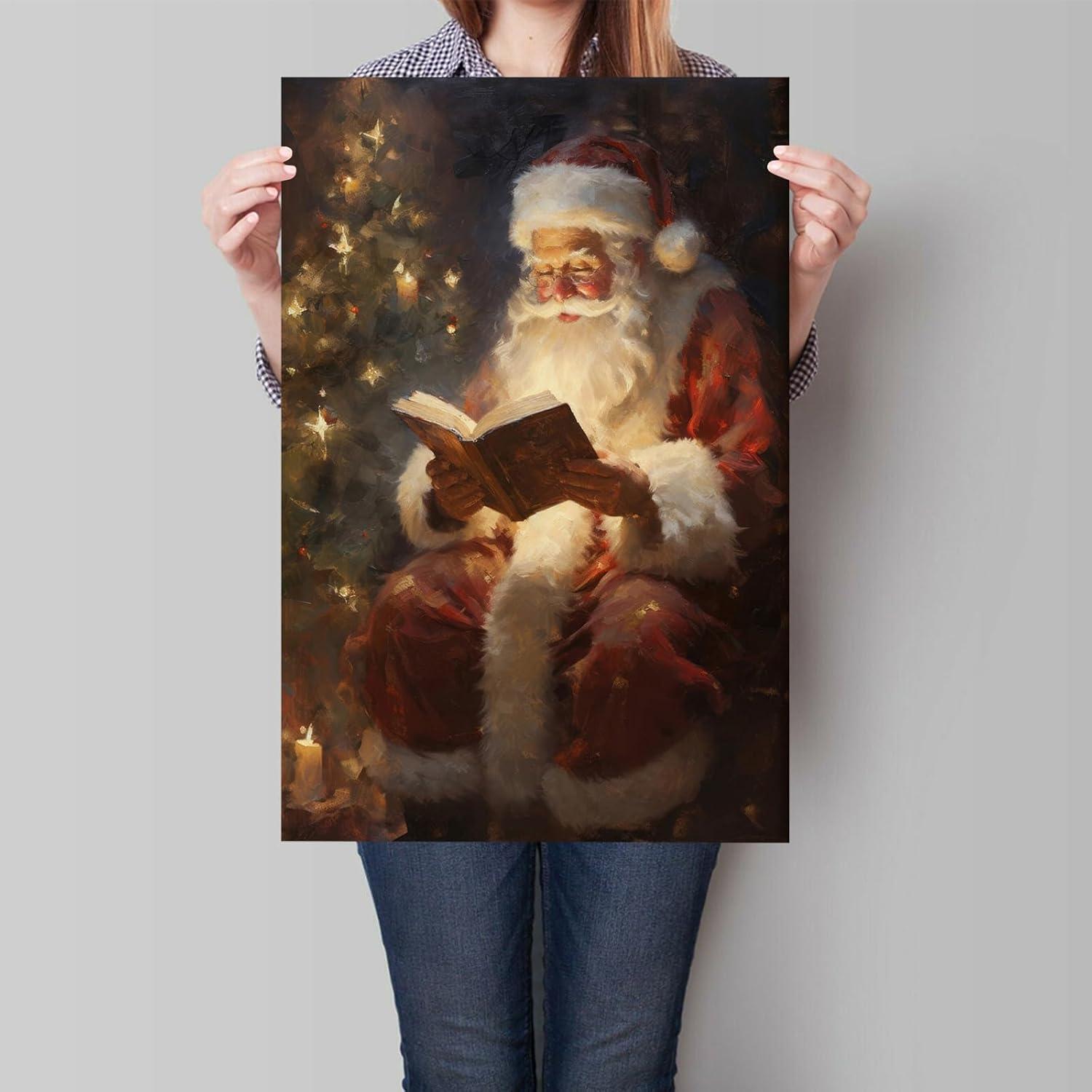 Vintage Christmas Santa Claus Reading Canvas Wall Art