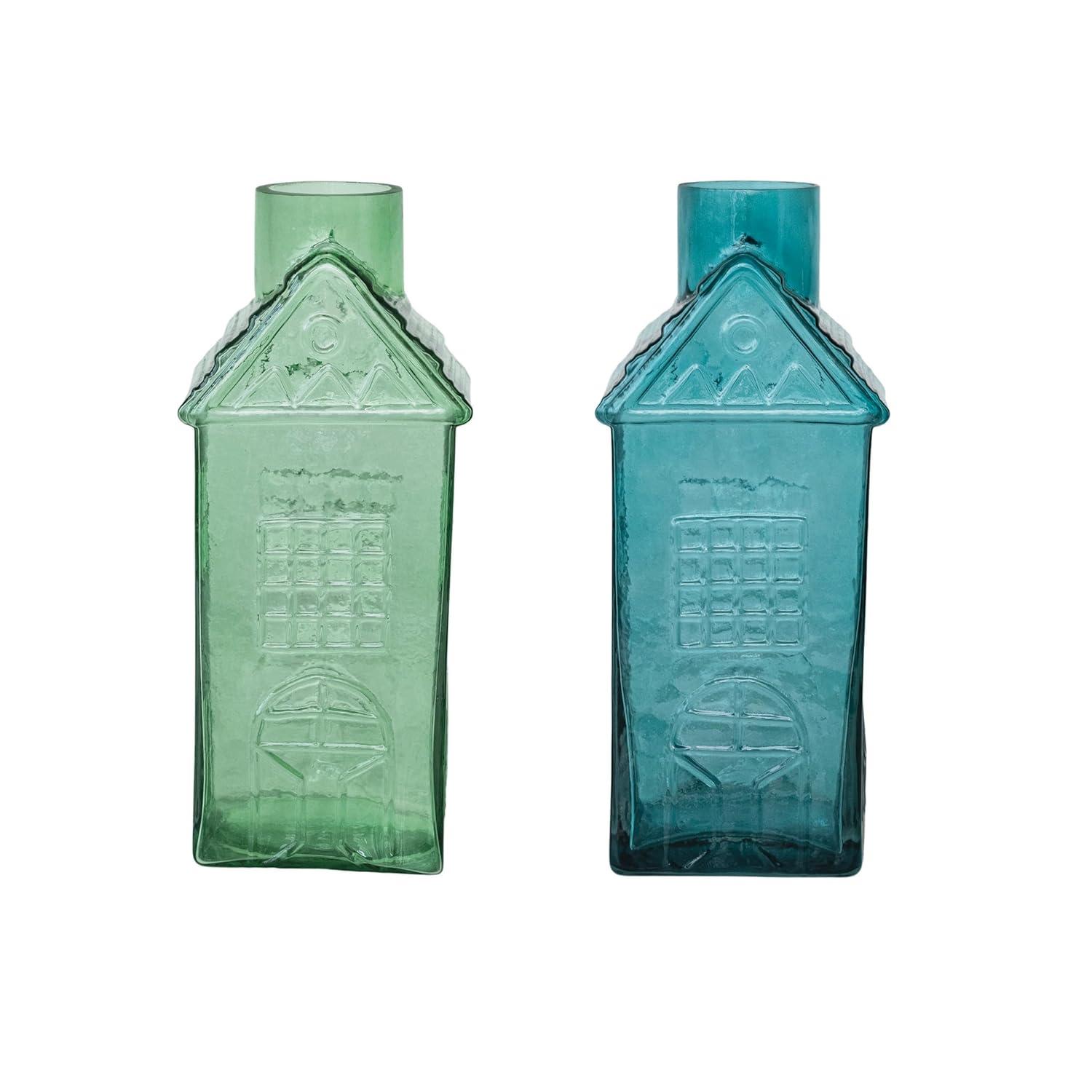 Creative Co-Op Charming Glass House-Shaped Vases, Green and Blue, Set of 2