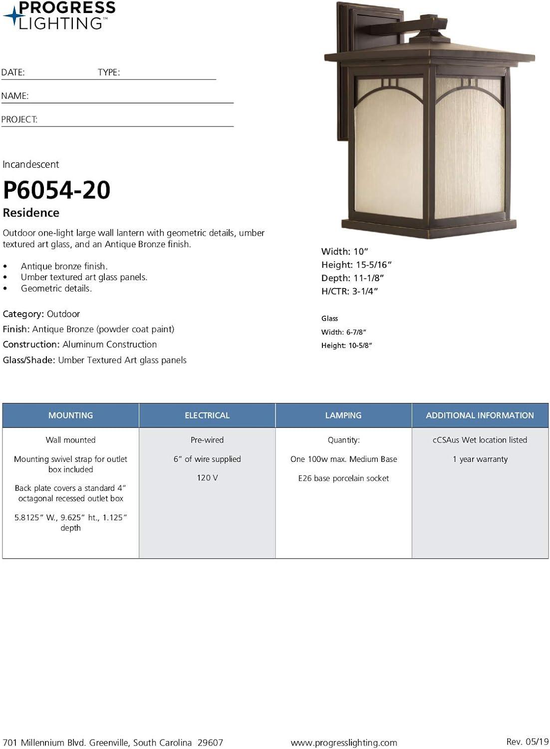 Progress Lighting Residence Collection 1-Light Outdoor Wall Lantern, Antique Bronze, Umber Textured Art Glass Shade