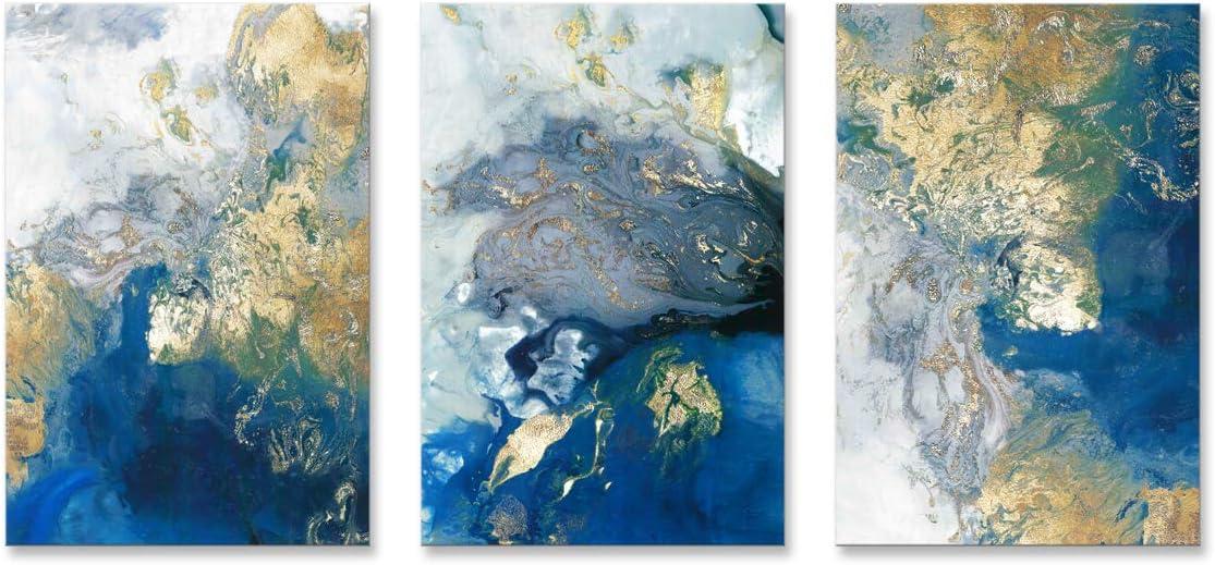 Ocean Abstract Canvas Art Blue Picture Gold Teal Painting Crashing Waves Artwork 3 Piece Wall Decor for Bedroom Ready to Hang 16x24in x3