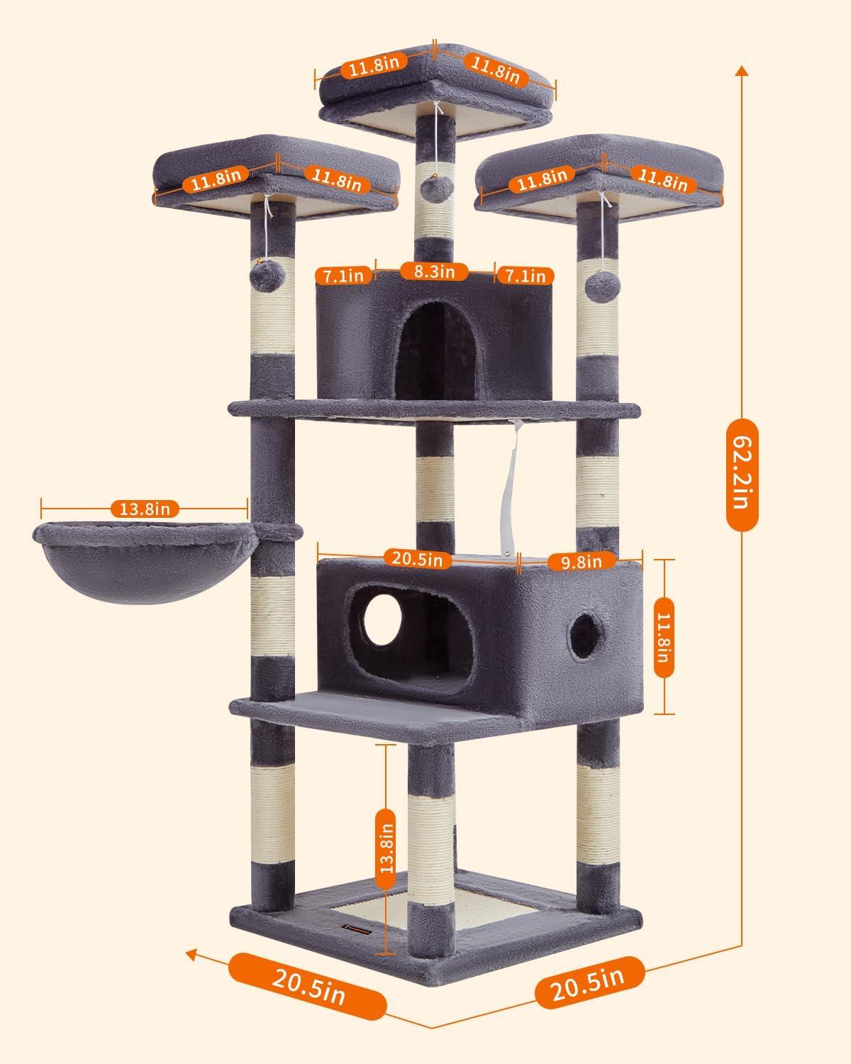 Smoky Gray Multi-Level Cat Tree with Hammock and Caves