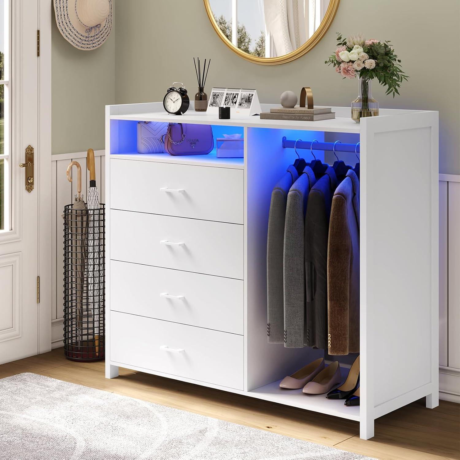 4 Drawer Dresser with Clothing Rack and LED Lights, Modern LED Dresser for Bedroom, Black