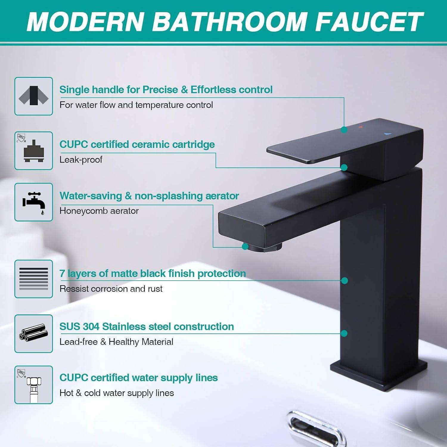 Matte Black Single Handle Bathroom Sink Faucet, Stainless Steel Bathroom Faucet with cUPC Certified Water Supply Hoses, Commercial Vanity Faucet Modern Single Hole RV Bathroom Faucets