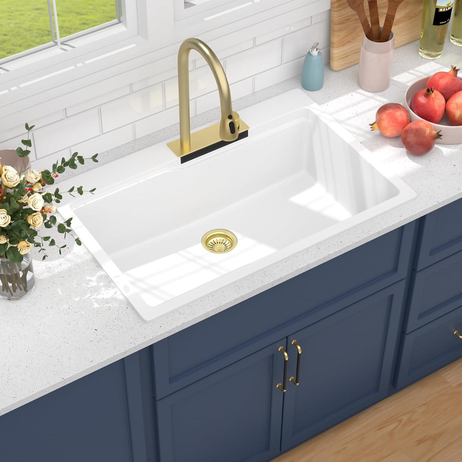 33 Granite Composite Kitchen Sink - 33x22 Inch Black Granite Kitchen Sinks Drop In Black Quartz Sink Ledge Workstation Classic Above Counter Single Bowl Sinks Basin