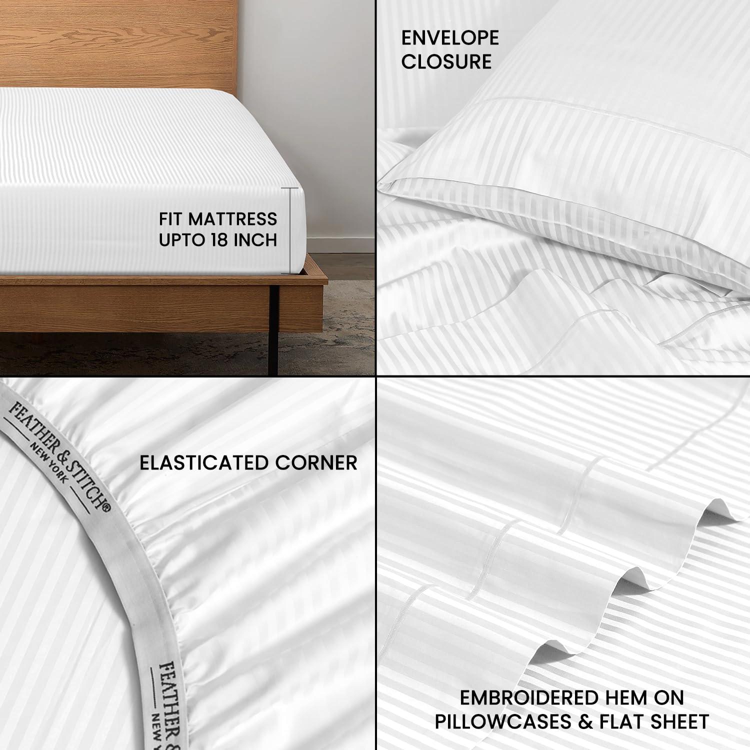 Feather & Stitch 500 TC Queen Size Damask Bed Sheet Set, 100% Cotton Soft Breathable Bedsheets, 4 Piece 18" Deep Pockets Sateen Weave Striped Bedding Mattress Resort Hotel Luxury- (Solid White, Queen)