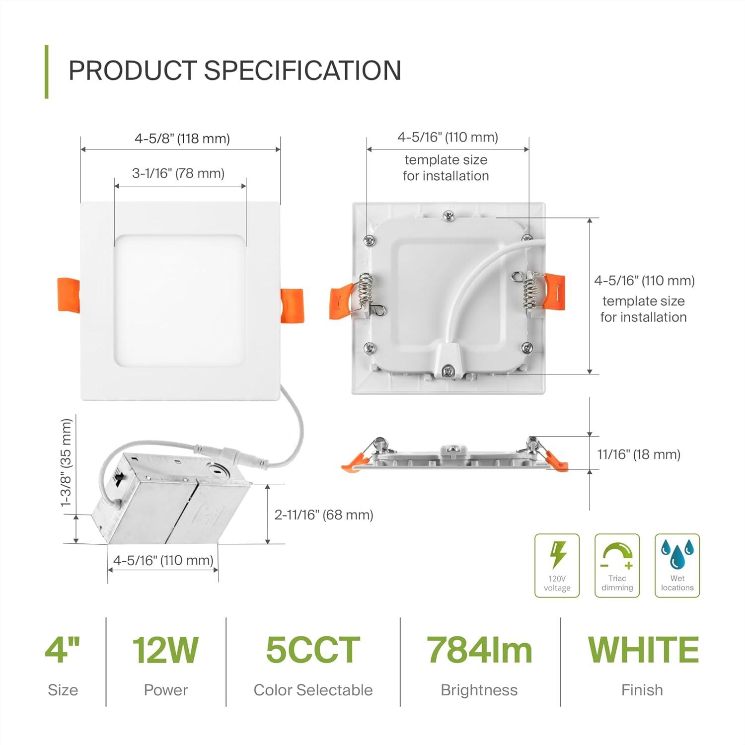 ASD LED Square Recessed Lighting 4 Inch | 2700K/3000K/3500K/4000K/5000K, 12W 50W Eqv | Ultra Thin Dimmable Ceiling Lights with J Box, Canless Wafer Downlight | Slim Panel Light, UL Energy Star 12 Pack