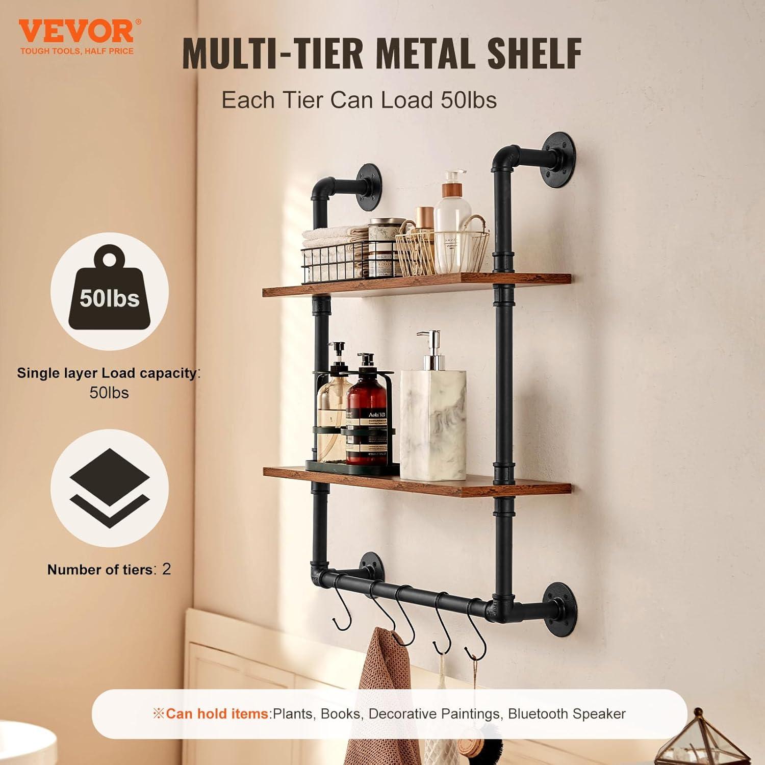 Williston Forge Industrial Pipe Shelf 2 Tier 24x7.87in Wall-Mount for Kitchen Bedroom