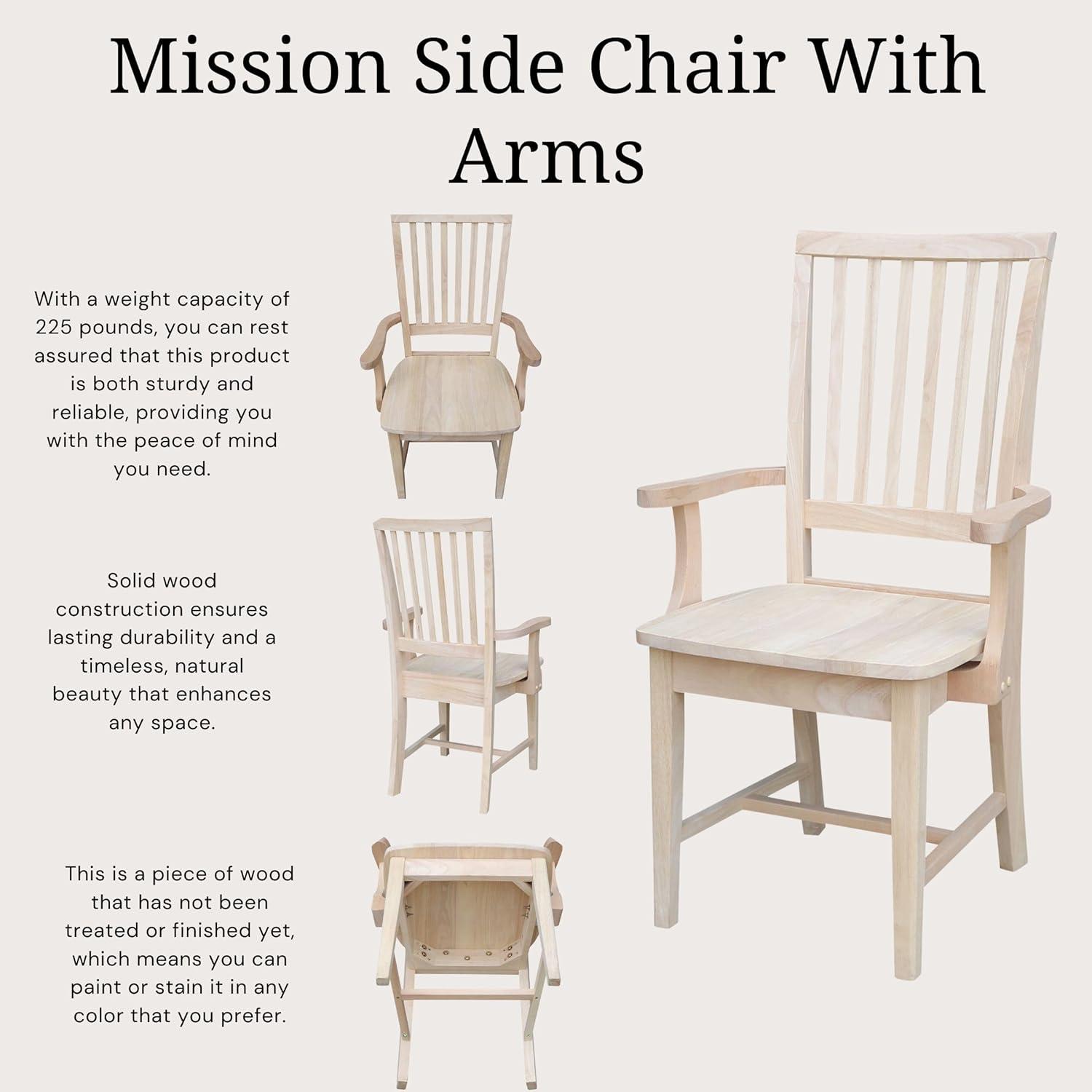 Mission Side Chair with Arms Unfinished - International Concepts: Solid Wood, Slat Back, Kitchen Furniture