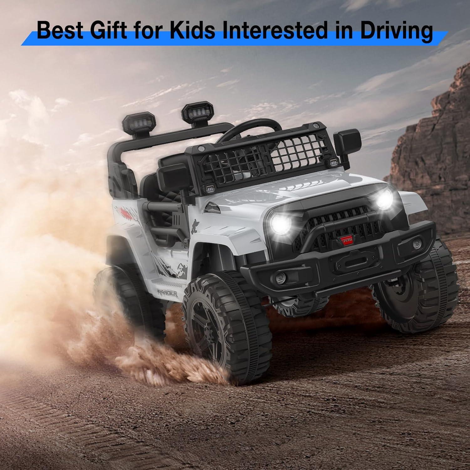 Ride on Truck Car 12V Kids Electric Vehicles with Remote Control Spring Suspension, LED Lights, Bluetooth, 2 Speeds