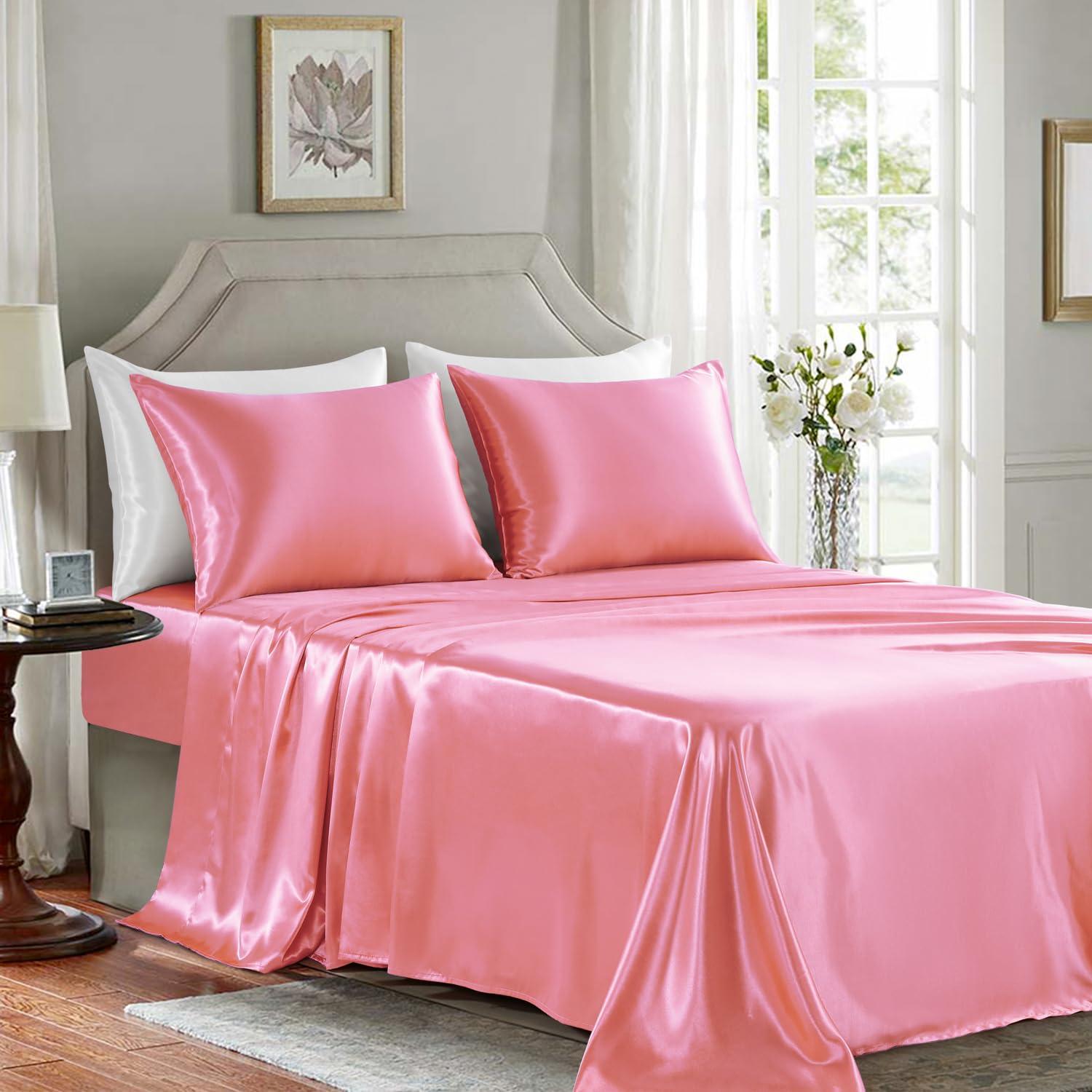 Homiest 4pcs Satin Sheets Set Luxury Silky Satin Bedding Set with Deep Pocket, 1 Fitted Sheet + 1 Flat Sheet + 2 Pillowcases (Queen Size, Blush Pink)