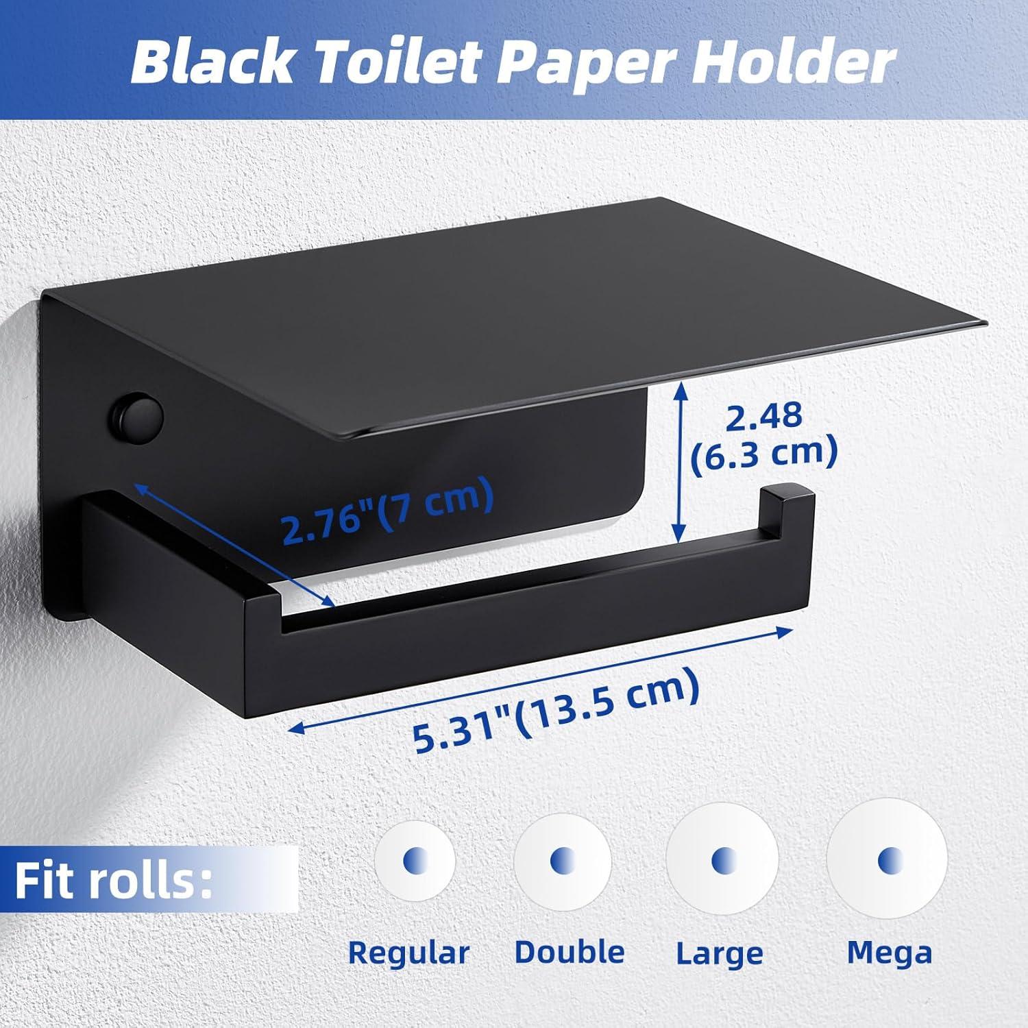 APLusee Toilet Paper Holder with Shelf Matte Black, 304 Stainless Steel Tissue Holder, Wall Mounted