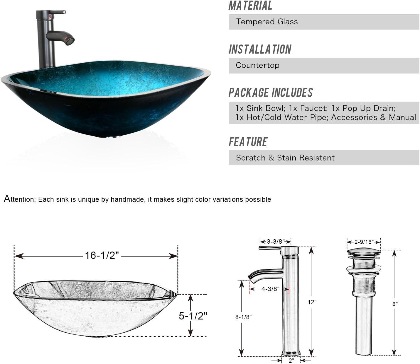 Turquoise Glass Above-Counter Vessel Sink with Faucet and Drain