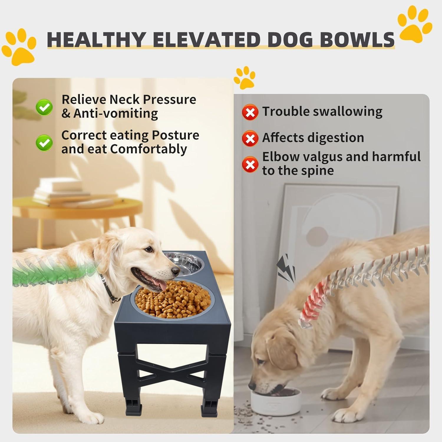 ZALALOVA Elevated Dog Bowls Stand with 2 Stainless Steel Dishes 1 Slow Feeder Dog Bowl, Raised Dog Bowl Adjusts to 5 Heights (3.15",8.9'',10",11.2'',12.4") for Medium and Large Dogs(Gray)