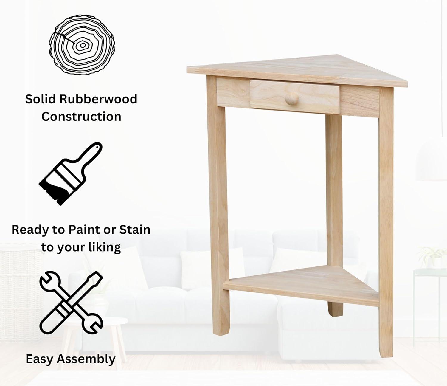 Corner End Table Unfinished - International Concepts: Solid Wood, Triangle Shape, Shelf Storage