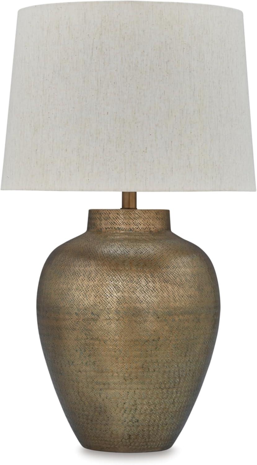 Antique Gold Hammered Aluminum Table Lamp with Beige Shade