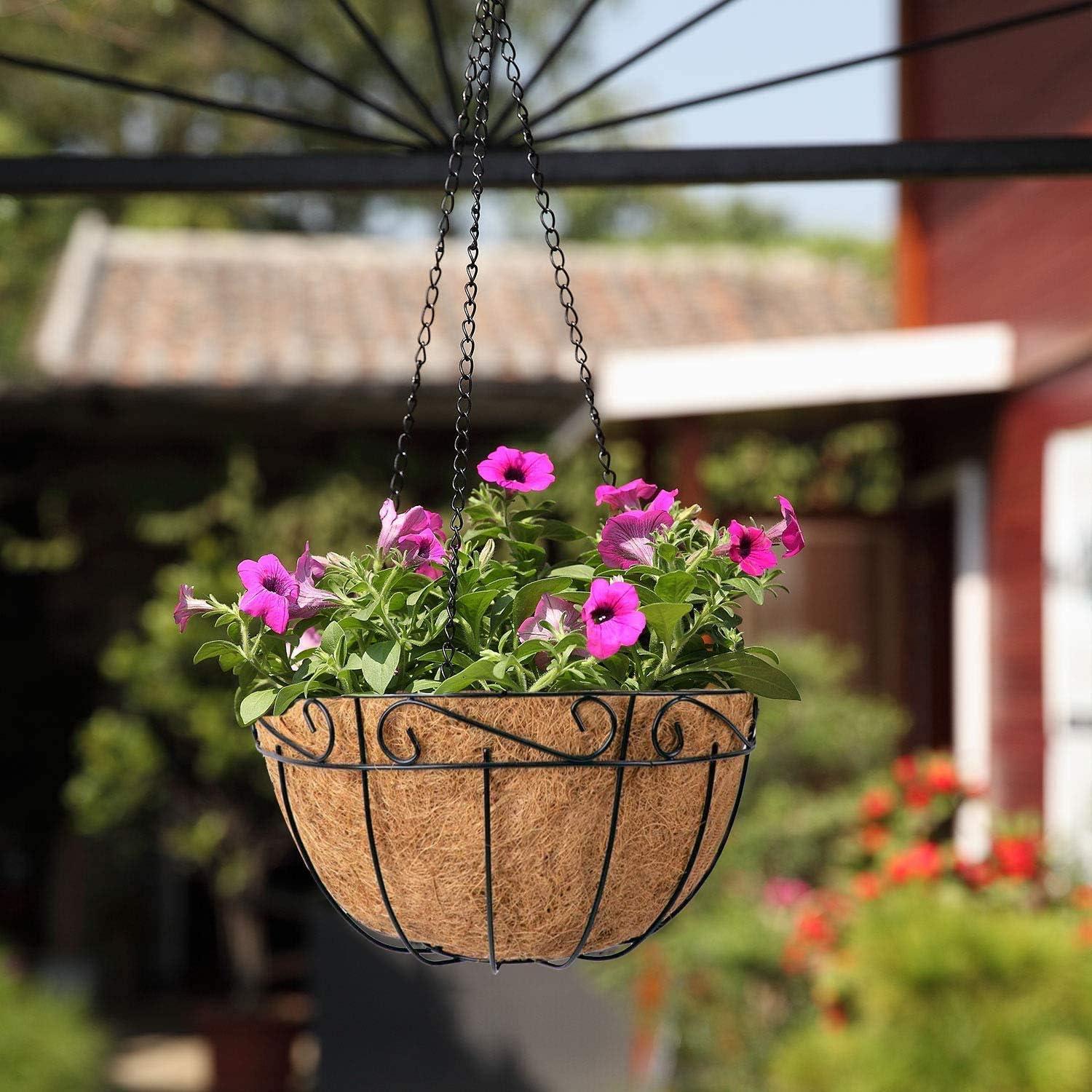 Ashman Online, 14 inch Metal Hanging Planter Basket Black Color, with Coco Coir Liner Round, Wire Plant Holder Chain Porch Hanger Garden Decoration Indoor Outdoor Watering Hanging Baskets 4Pack.