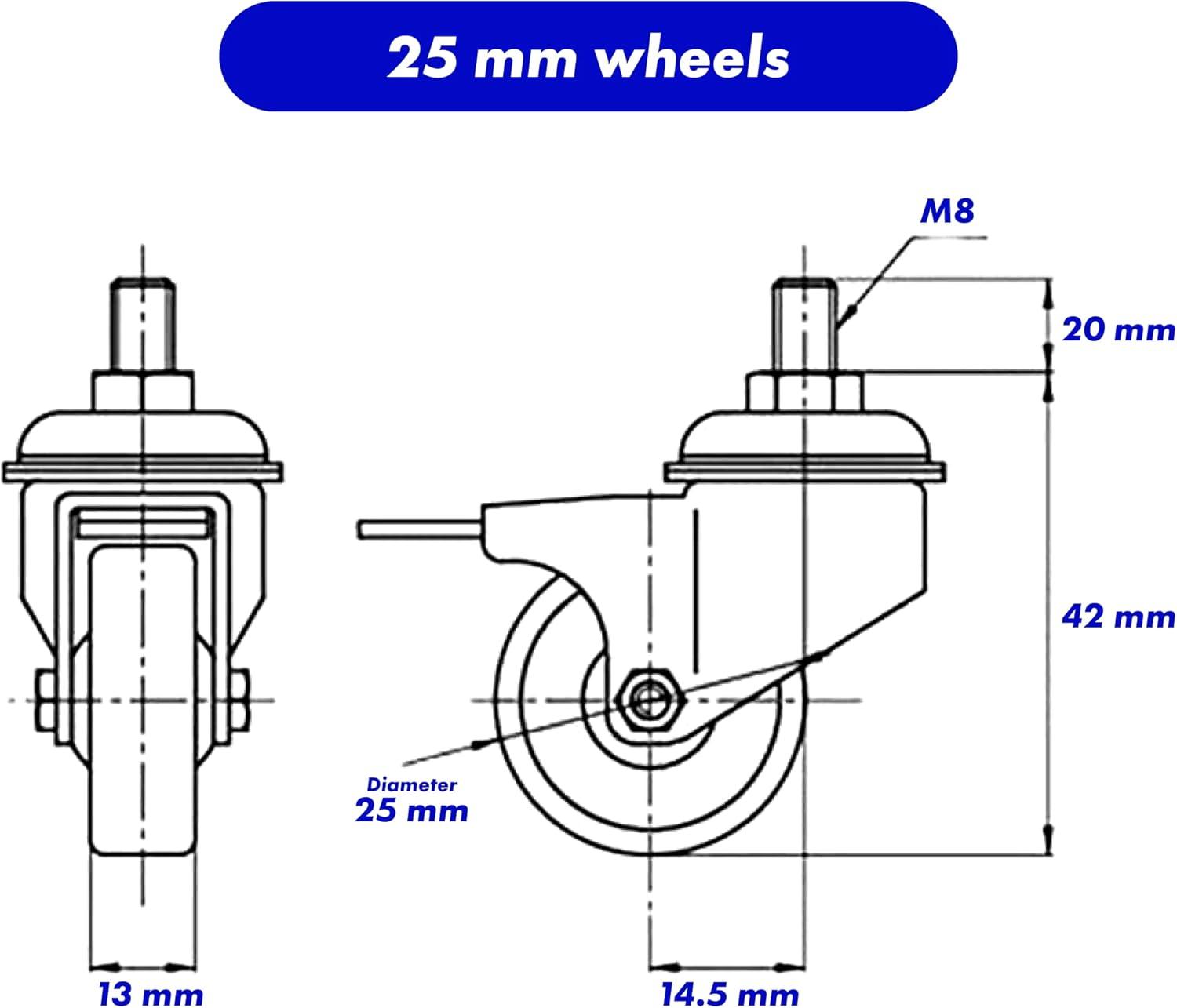 GBL Polyurethane 1 in Swivel Casters with Brakes, Silver, 4 Count, 4 Pack