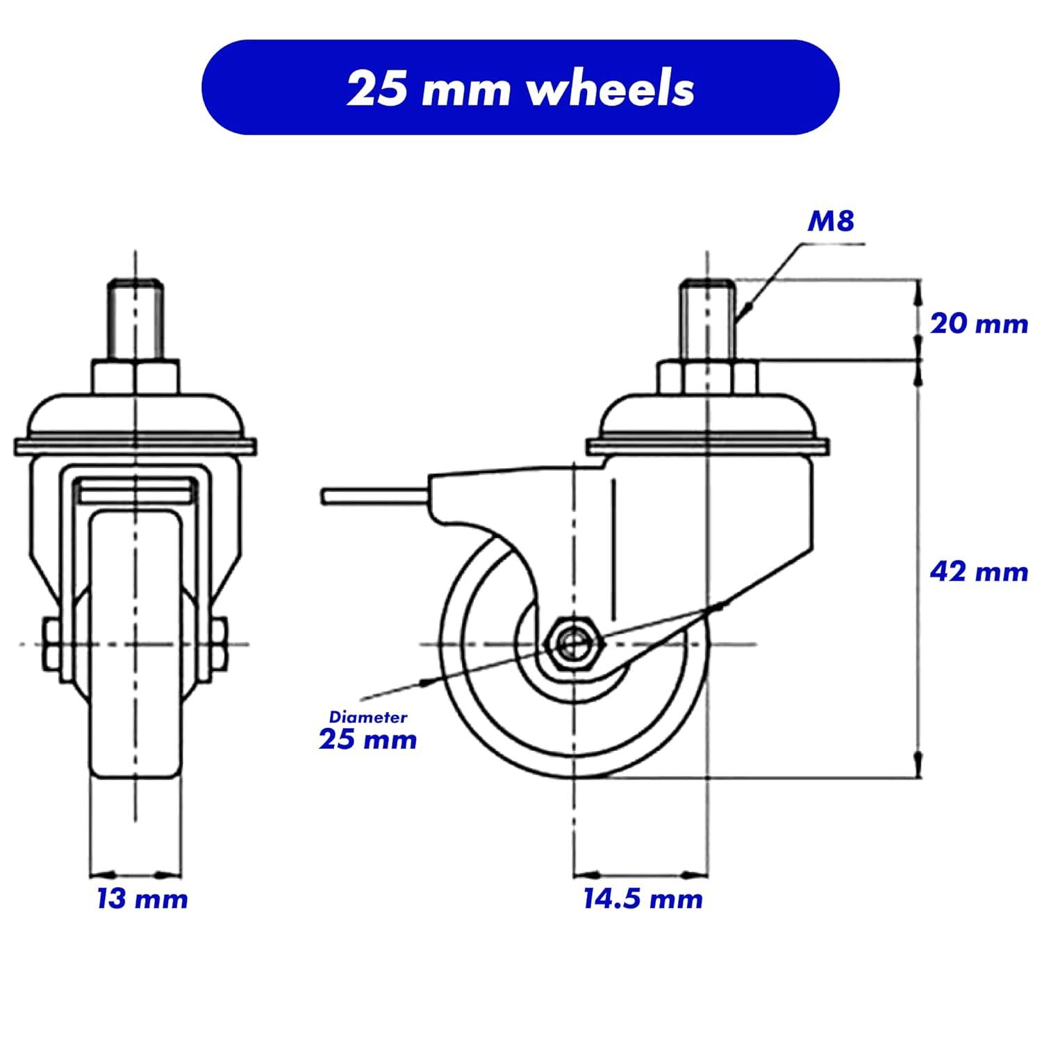 GBL Polyurethane 1 in Swivel Casters with Brakes, Silver, 4 Count, 4 Pack