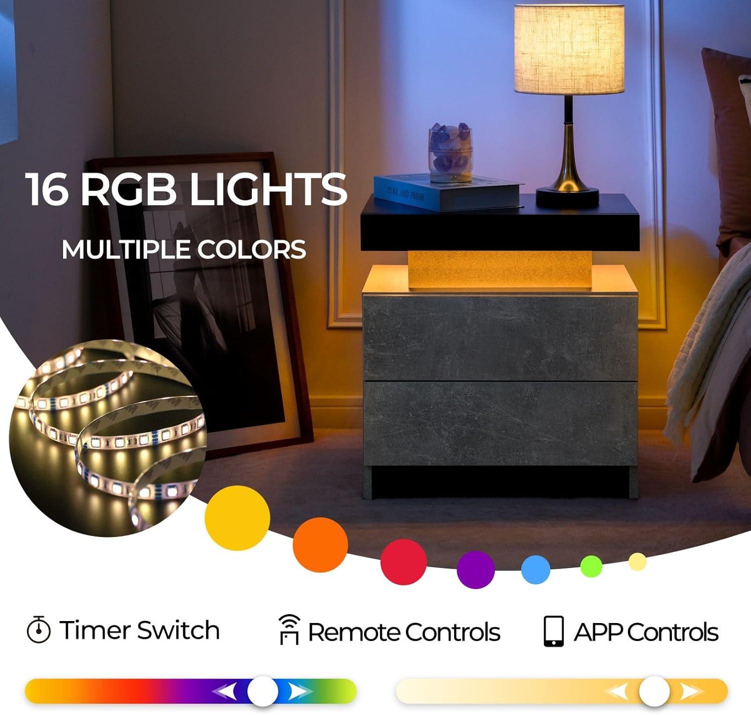 Grey and Black Particle Board Nightstand Set with LED Lights