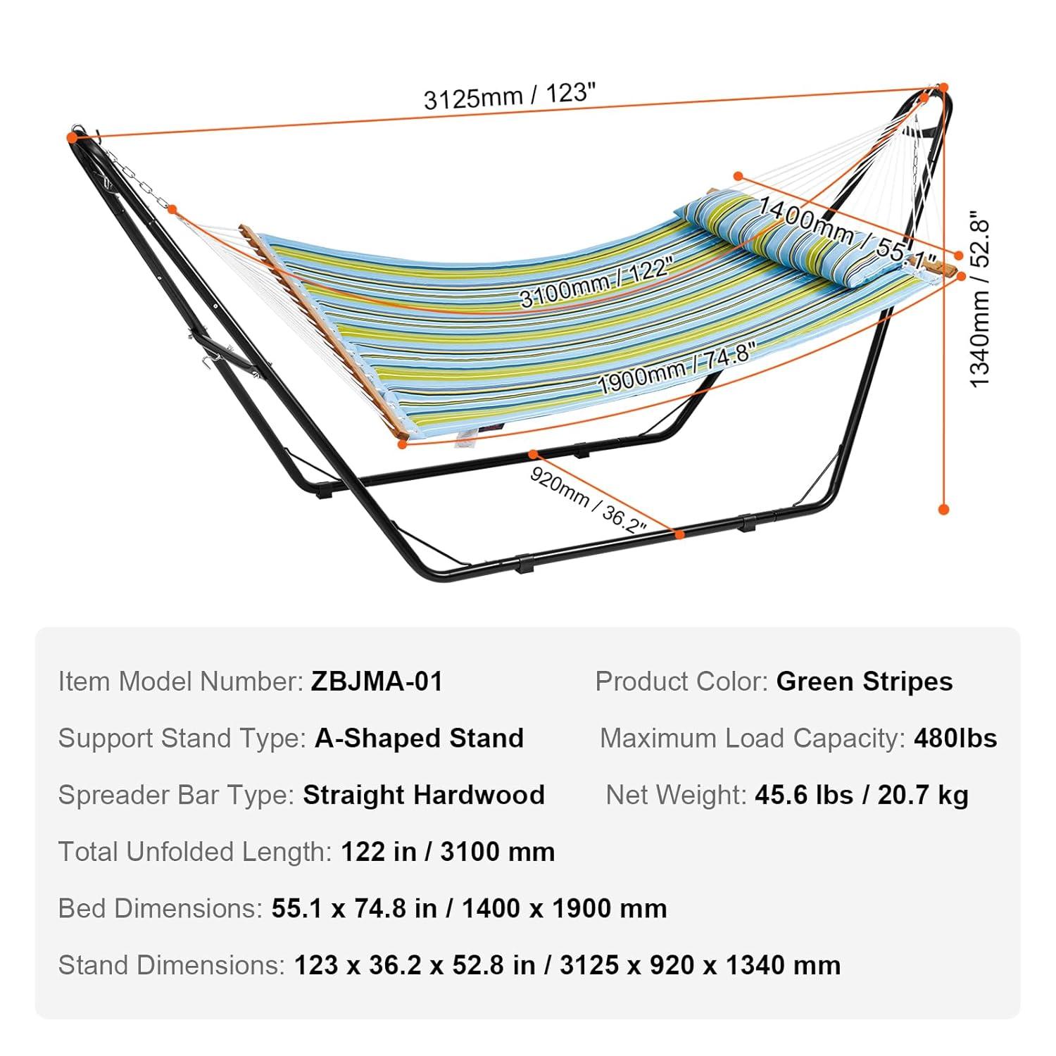 2 Person 12.3 ft Hammock with Stand Included Double Hammock with Curved Spreader Bar and Detachable Pillow