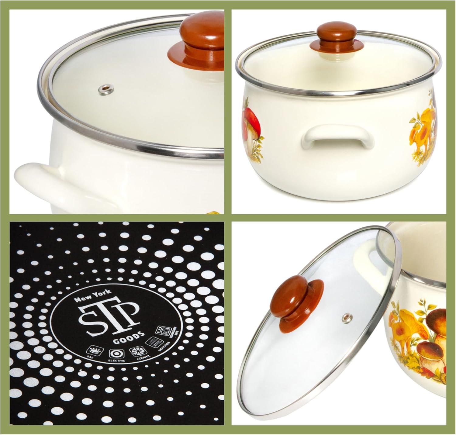 STP Goods Traditional Country Style Mushrooms Belly Deep Casserole Soup Pot with Glass Lid